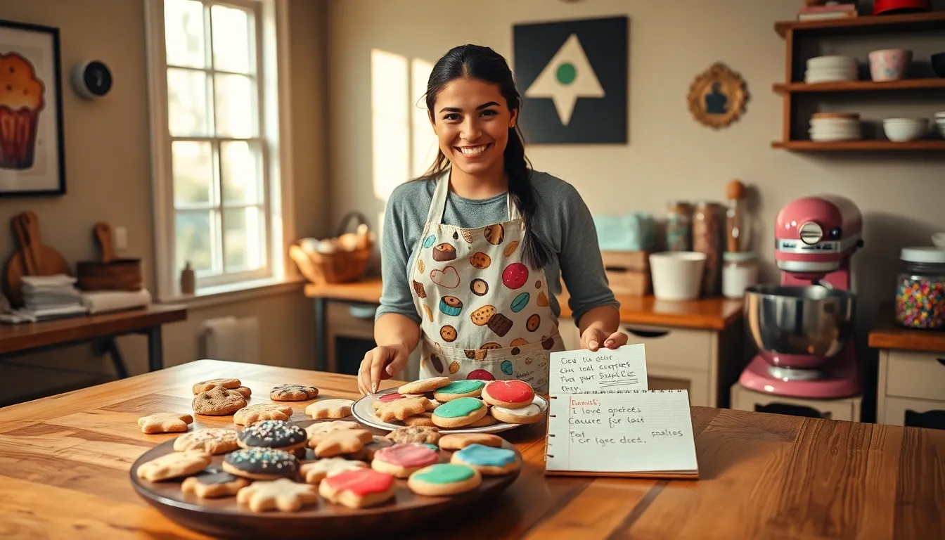 a young woman decorating colorful cookies in a cozy kitchen.