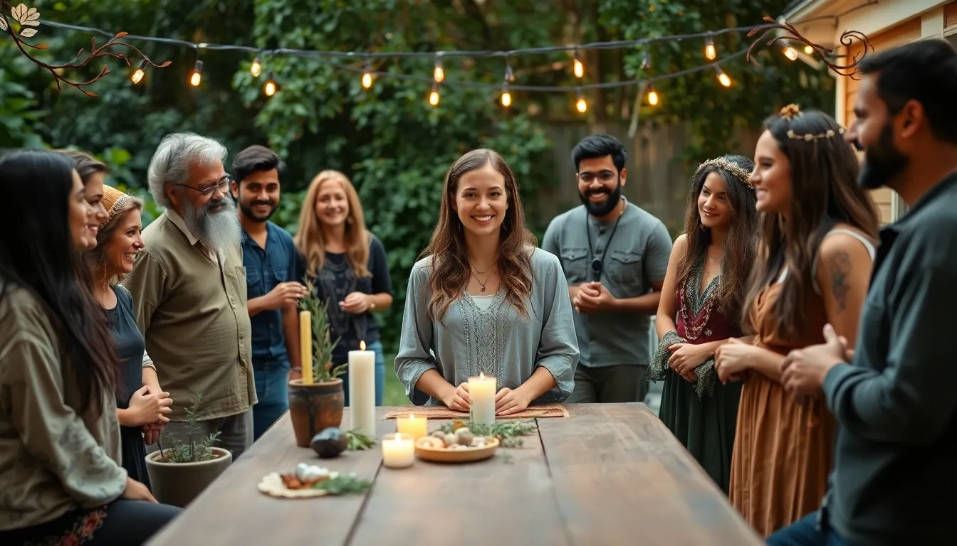 diverse group gathering in a backyard, sharing knowledge about spirituality.