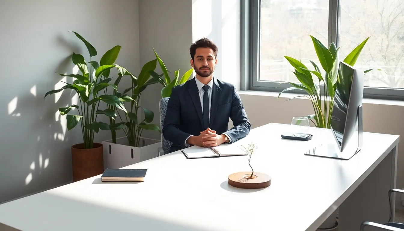 a professional practicing mindfulness in a serene office setting.