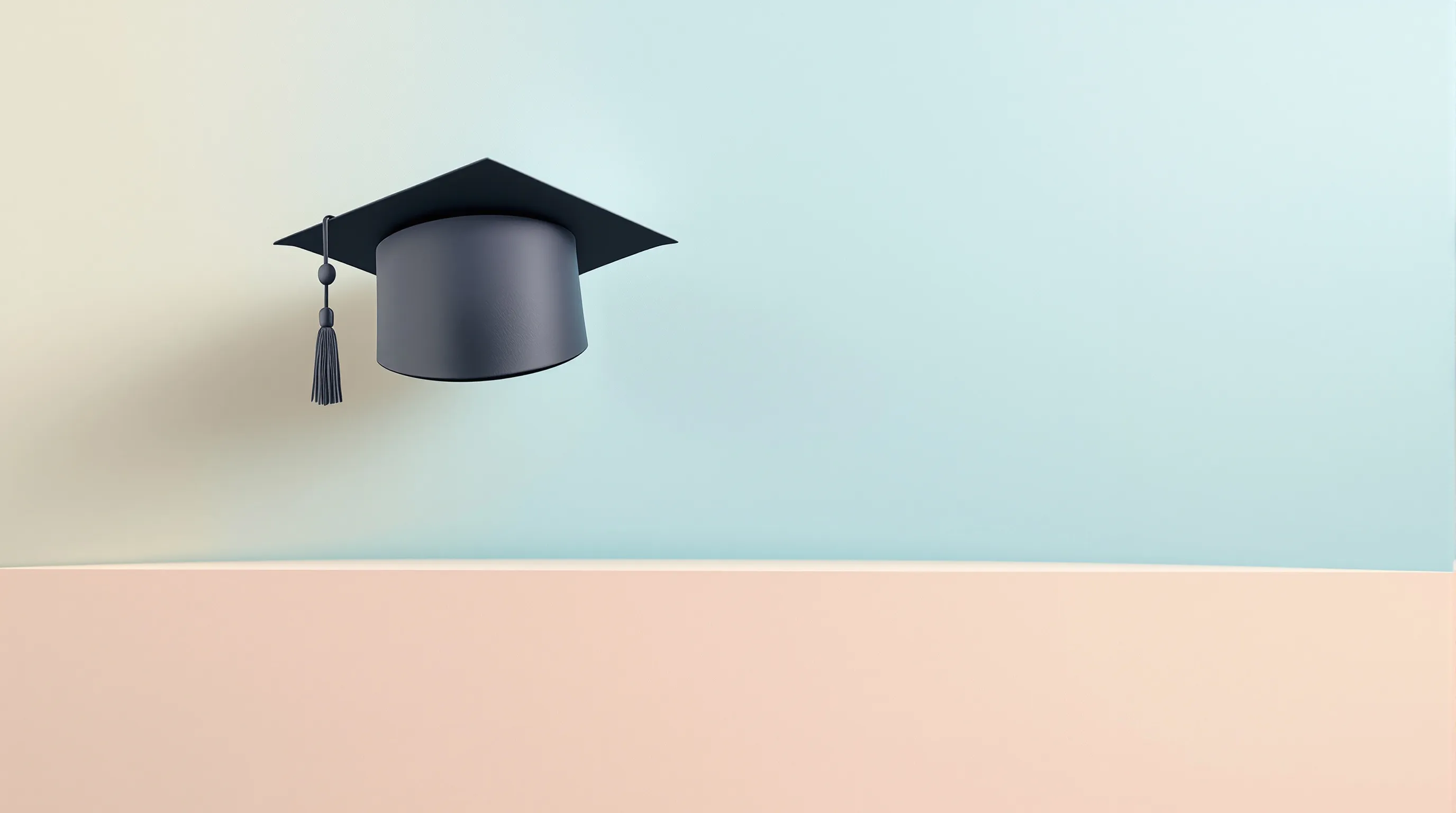 Minimalist graduation cap and speech bubble with smile on soft gradient background.