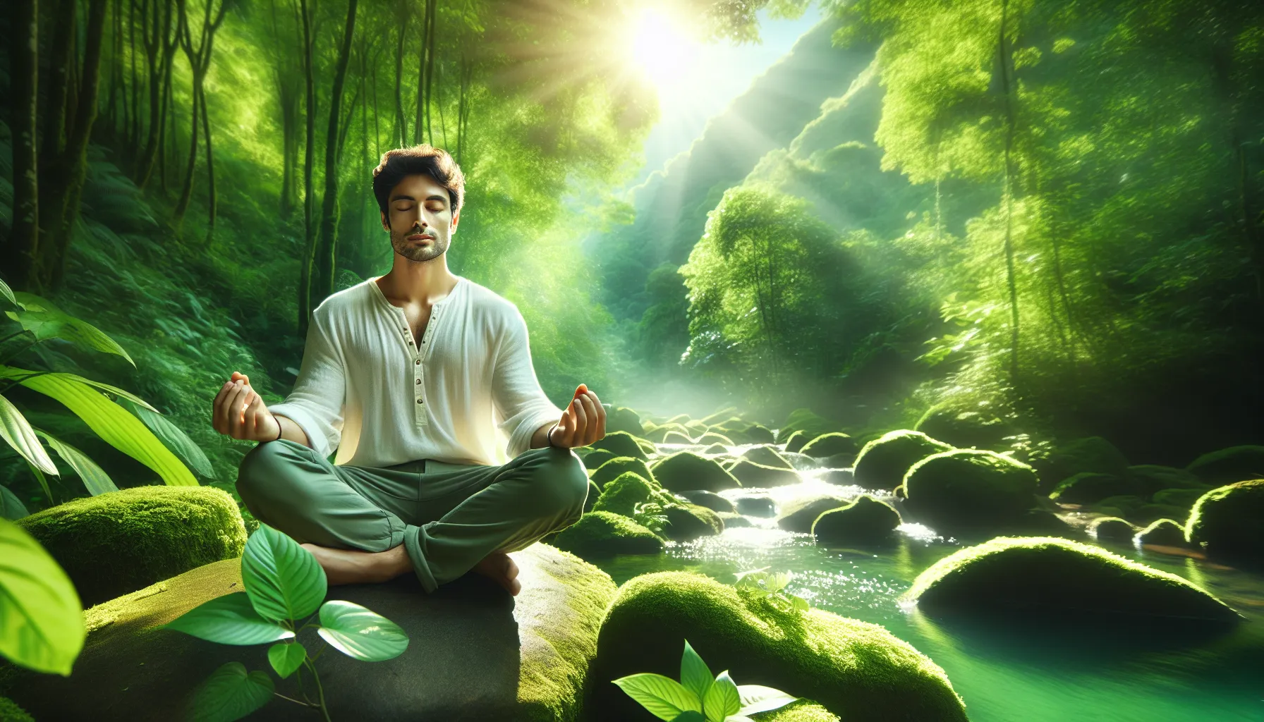 person meditating outdoors in a lush green setting.
