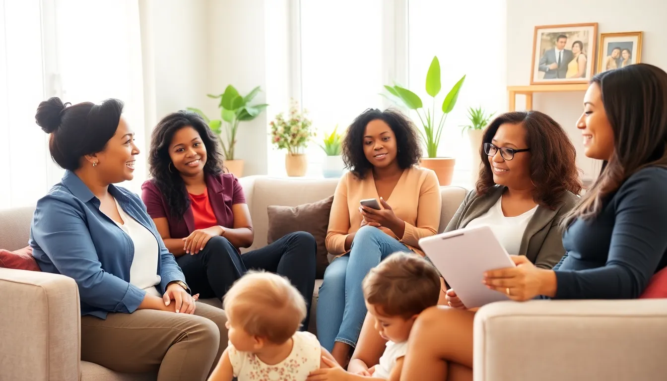 diverse group of single mothers sharing experiences in a cozy living room.