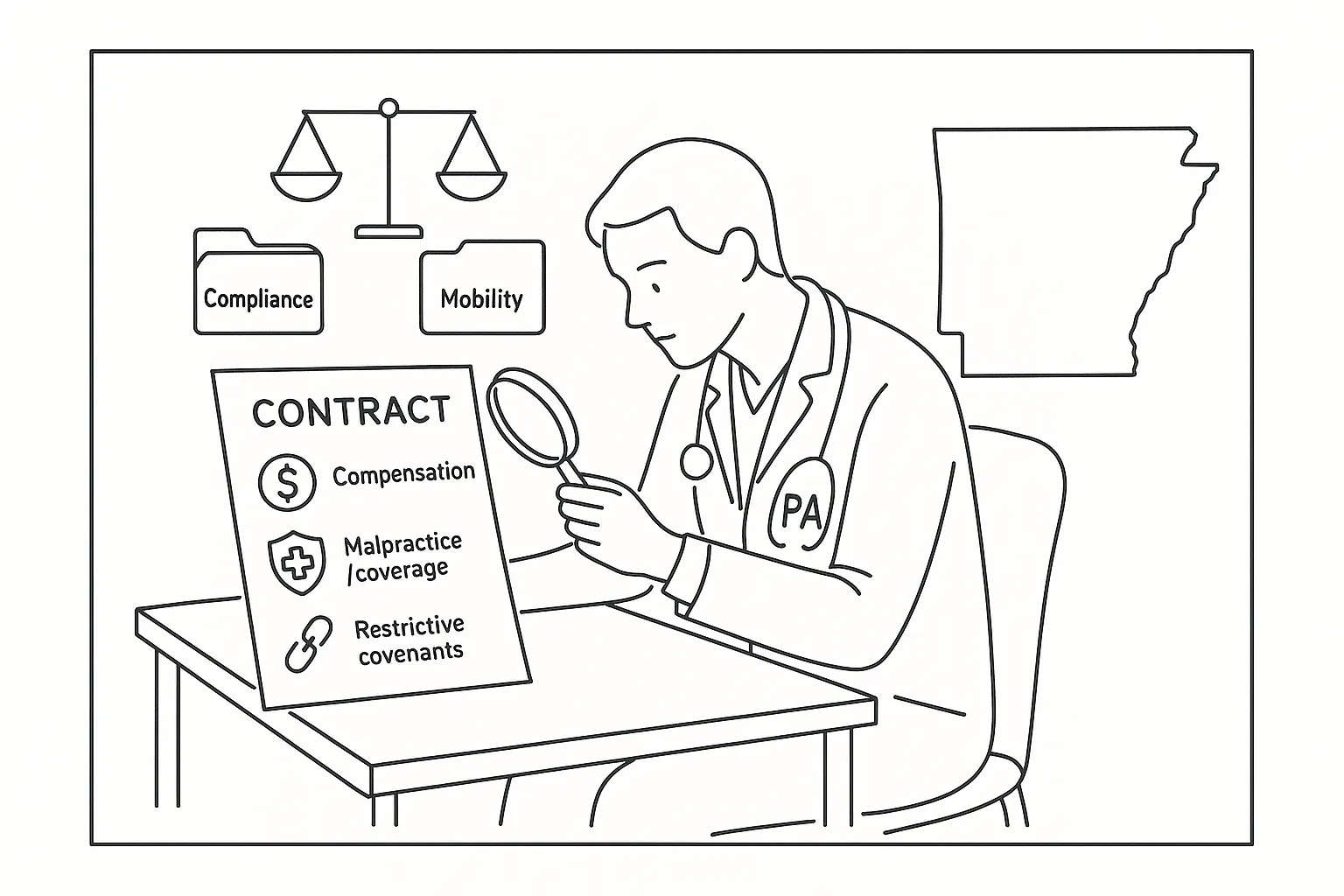 Physician assistant reviewing a contract with icons and Arkansas outline of Arkansas Physician Assistant Contract Review.