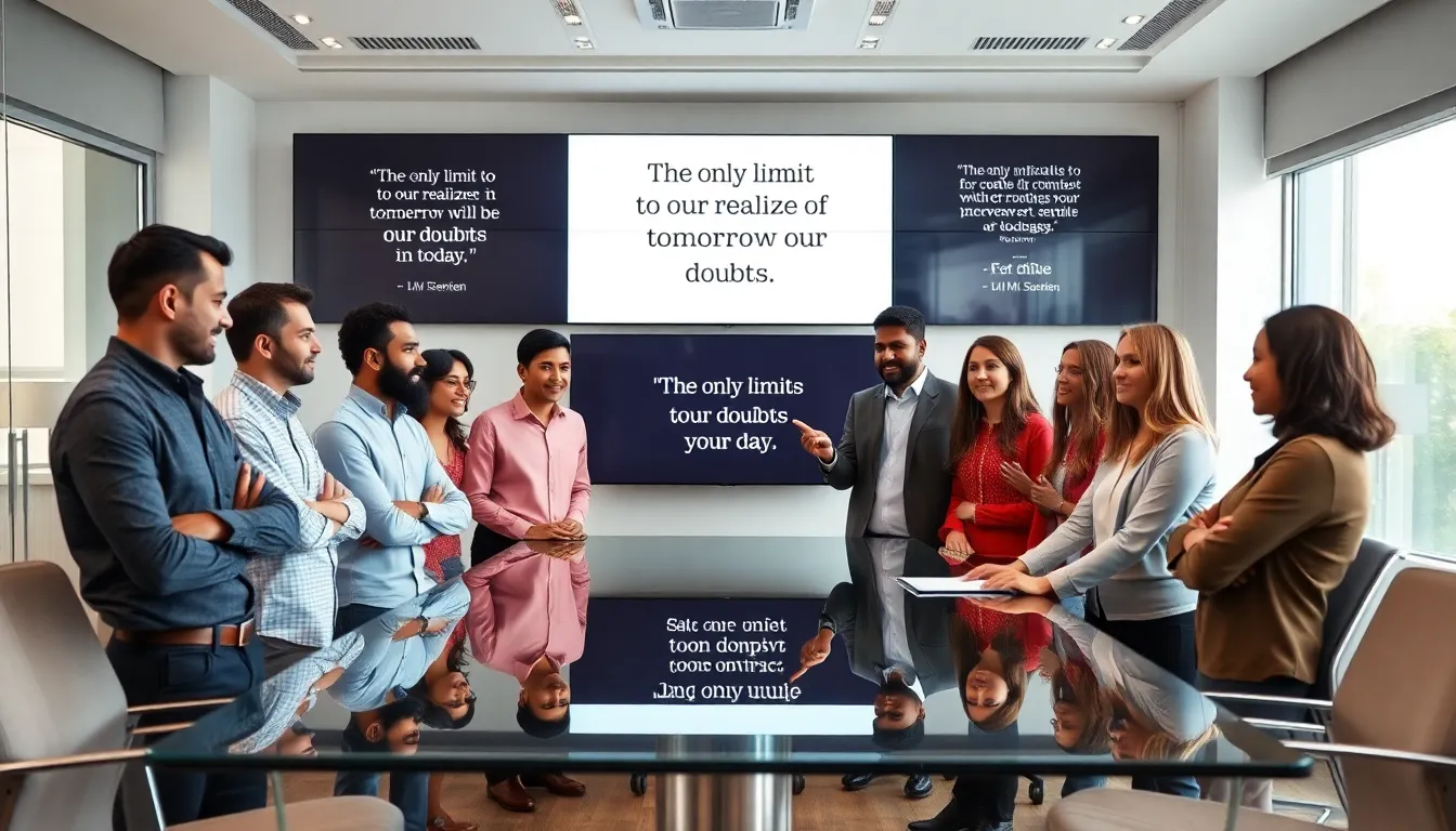 diverse entrepreneurs discussing motivational quotes in a modern office.
