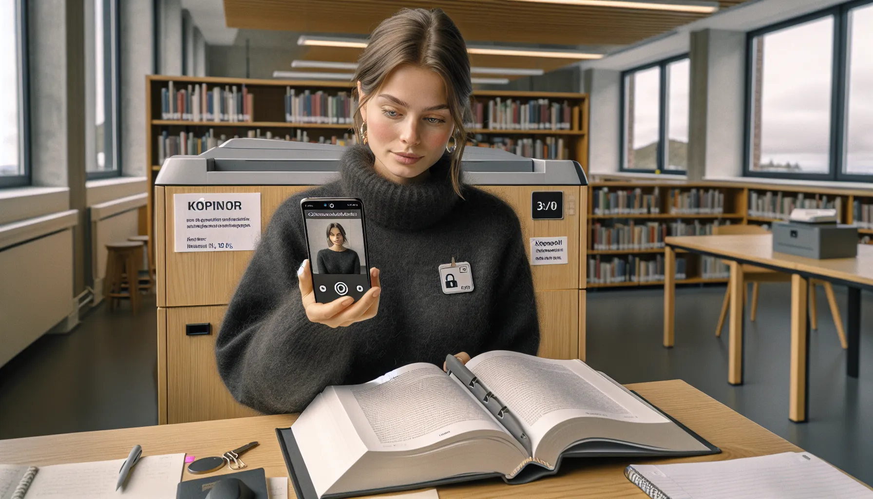 Student in norway scanning a few textbook pages for personal use in library.