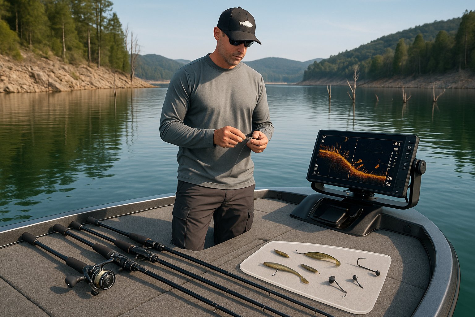 Angler on a bass boat preparing a spotted bass fishing setup.