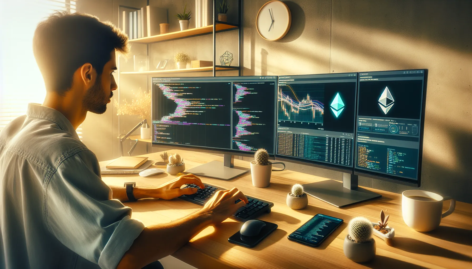 Developer working at desk with monitors showing Ethereum smart contract and blockchain network data.