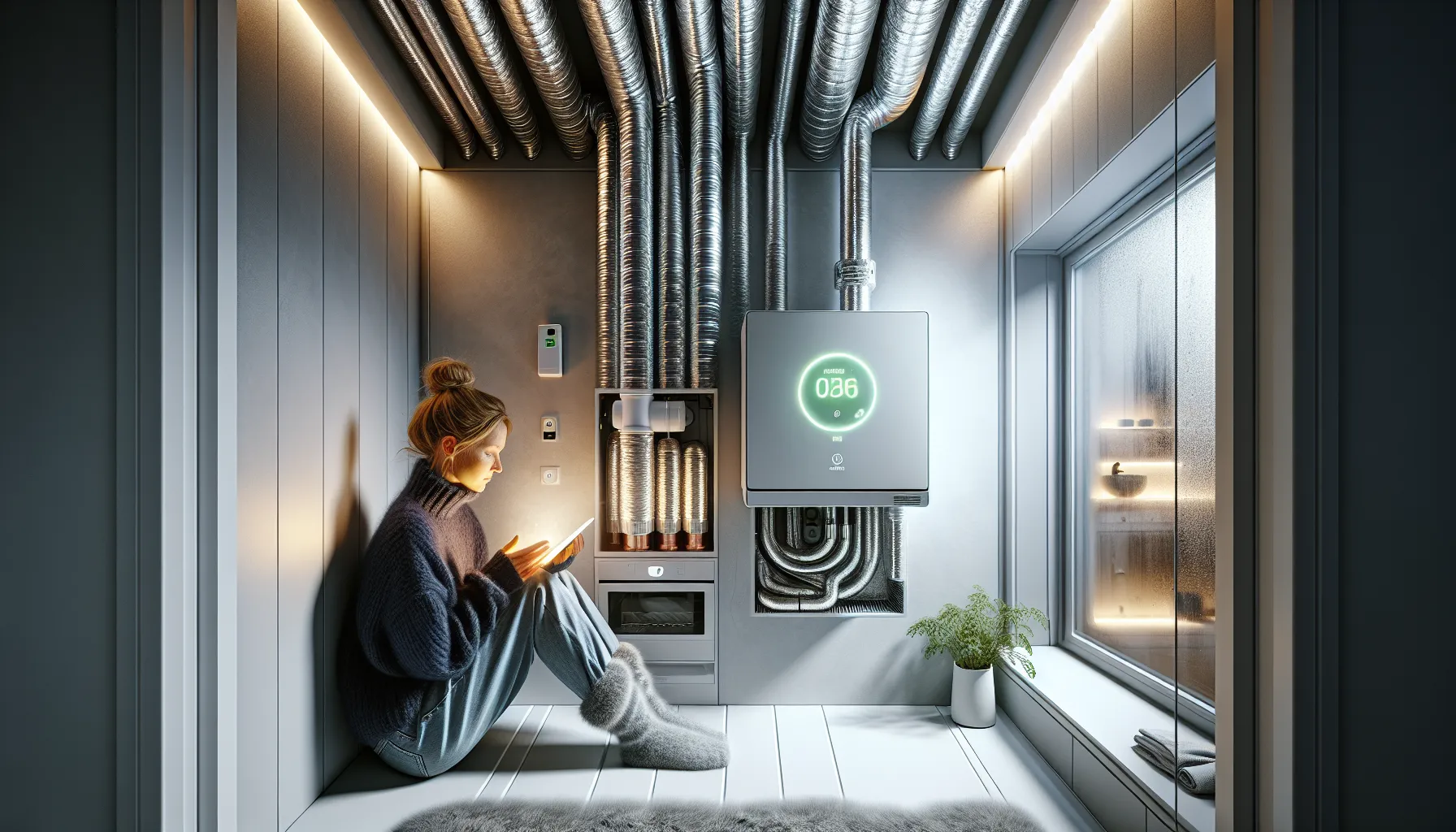 Slik kan du bruke varmegjenvinning for å spare energi 3 Woman adjusts hrv; copper shower heat exchanger steams in norwegian winter home.