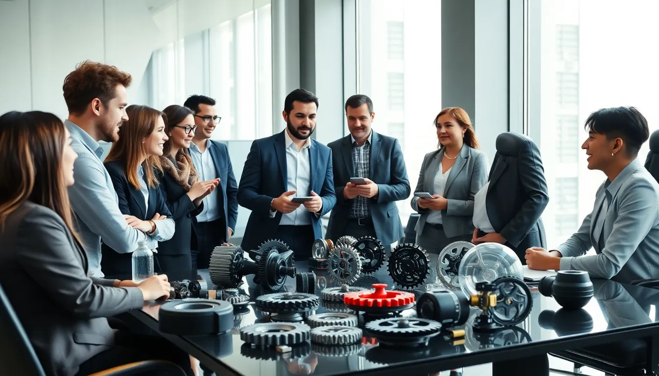 diverse team discussing mechanical gear in a modern office setting.