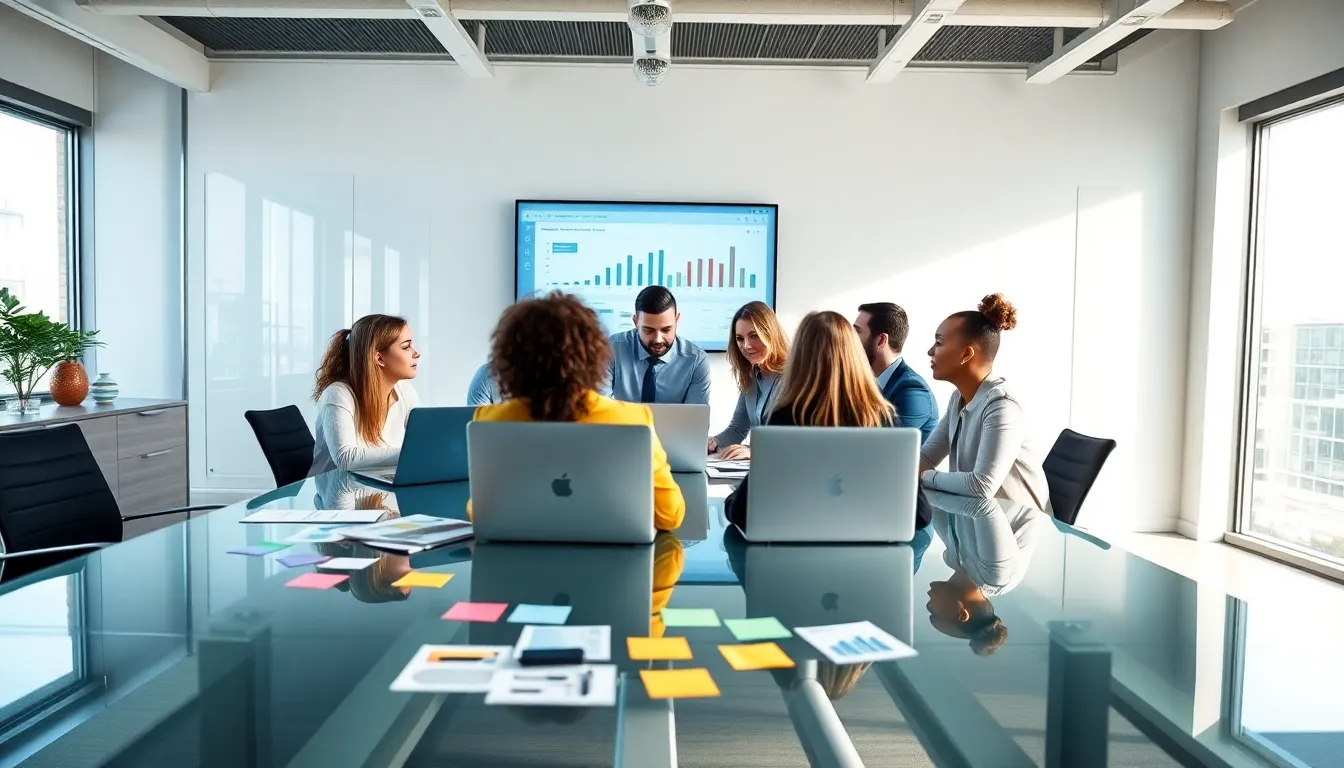 diverse team collaborating in a modern office space.