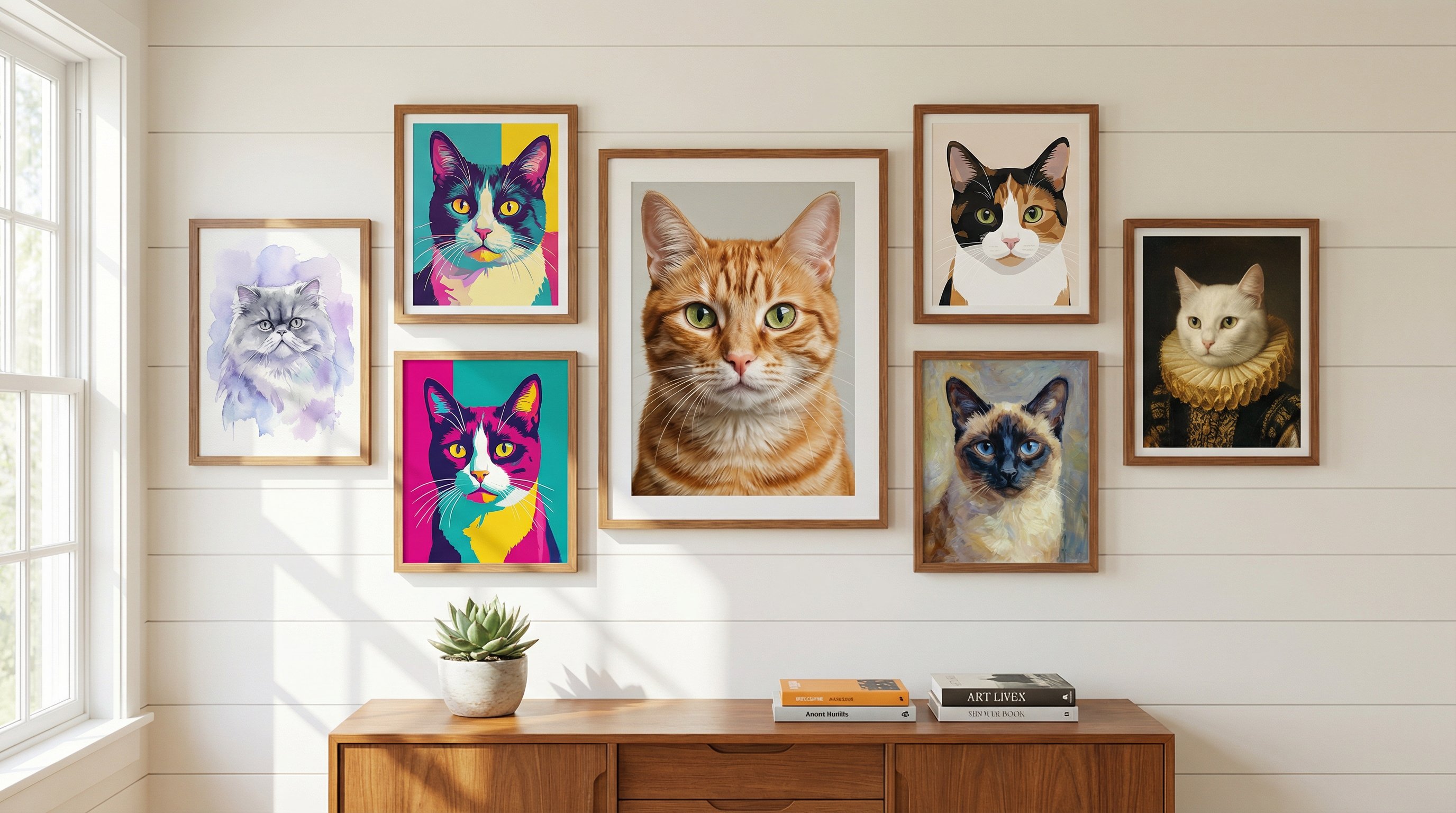 Gallery wall displaying six different cat portrait styles in a modern living room.