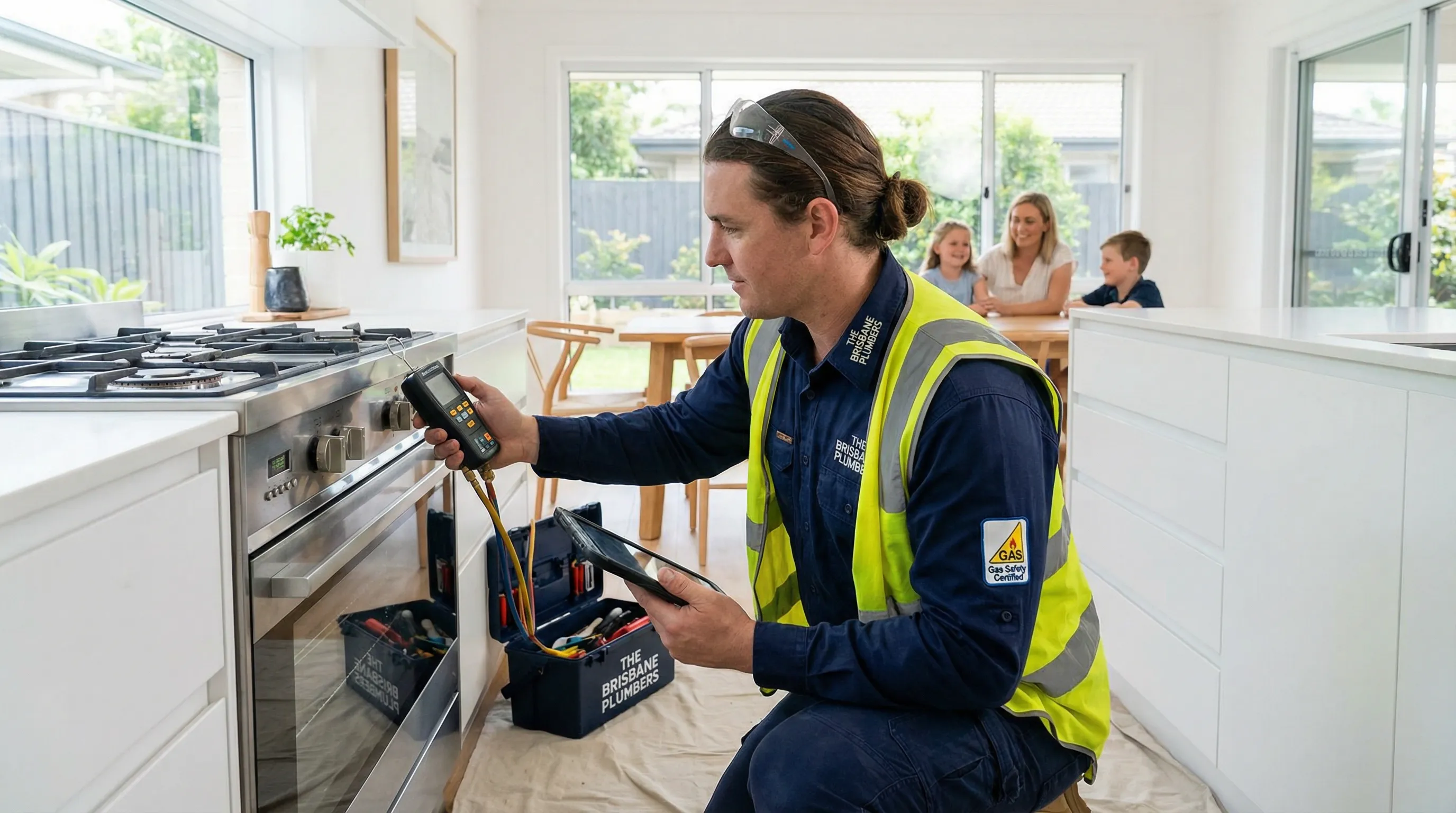 licensed gas fitter inspecting appliance in an Australian home
