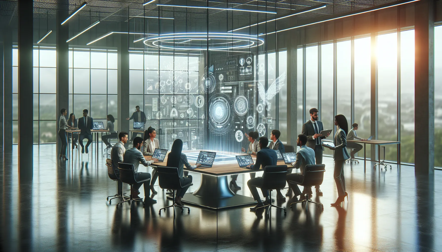 diverse tech professionals discussing Tronjuya97.0 in a modern office