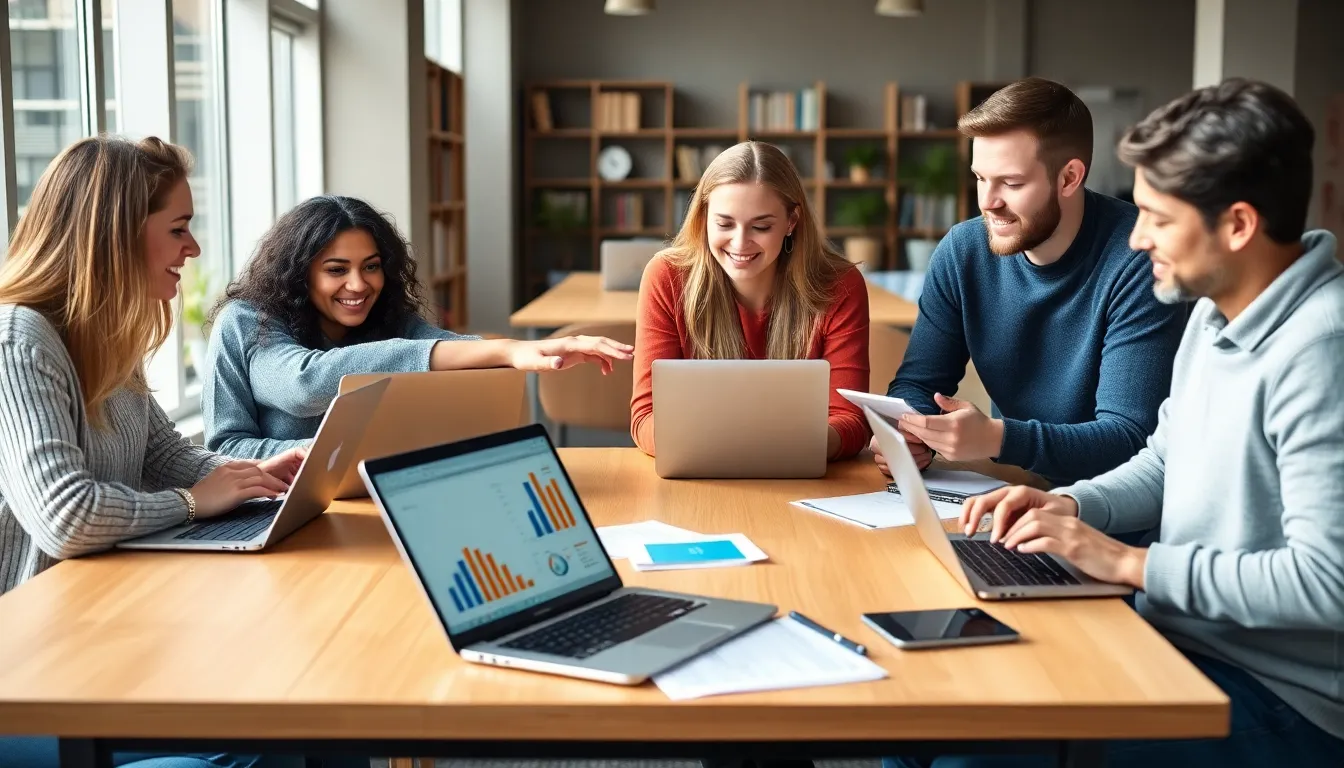 students collaborating on budgeting in a modern study space.