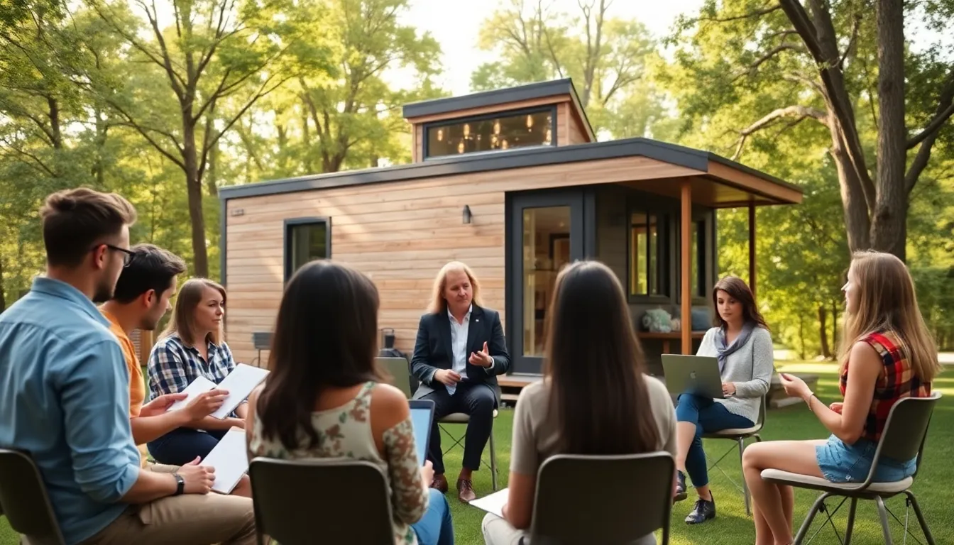 diverse group discussing tiny homes in a green outdoor setting.