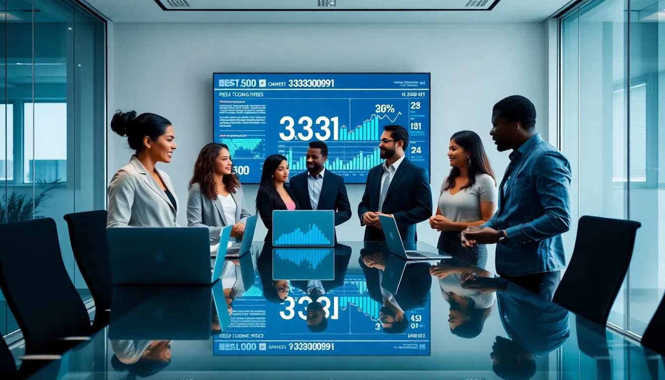 diverse team discussing data analysis in a modern office.