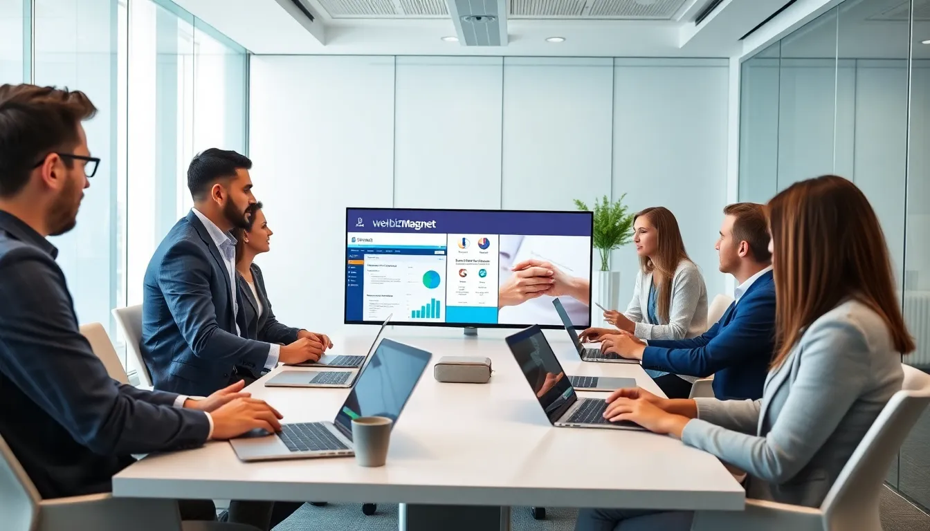 professionals collaborating in a modern office using WebBizMagnet software.