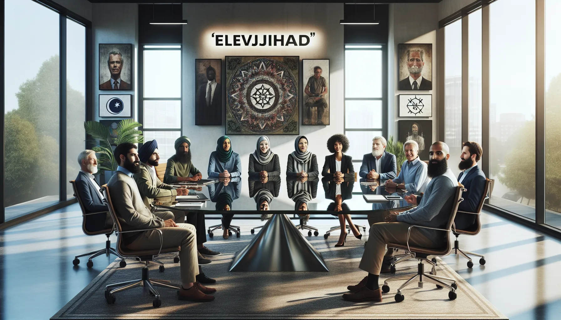 diverse professionals discussing the concept of elevjihad in a modern office.