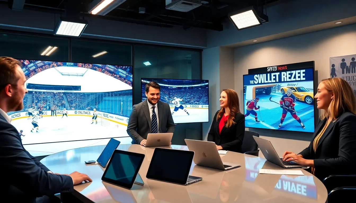 professionals discussing recent hockey game highlights in a modern newsroom.