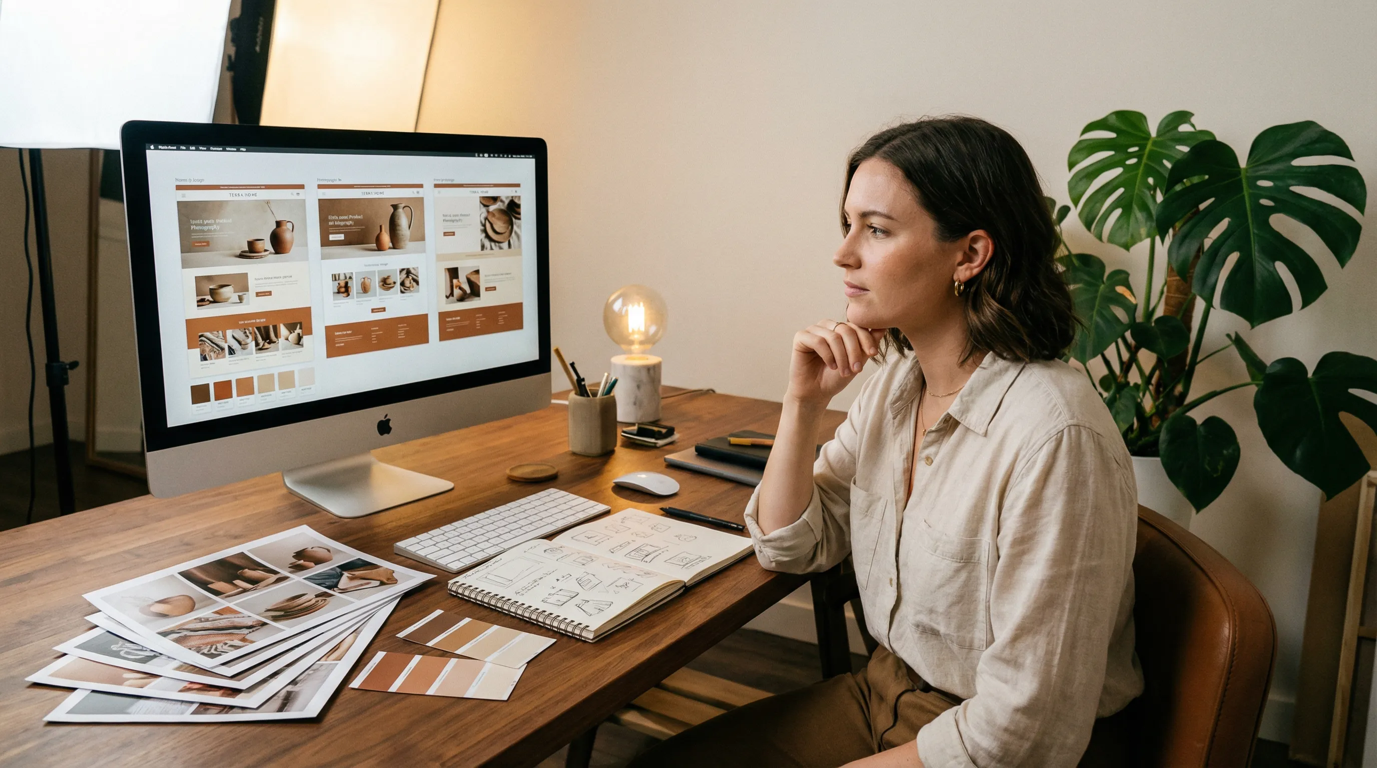 Designer at a modern desk reviewing website layouts that match brand colors and product photos.
