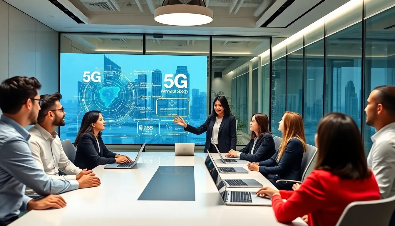 diverse professionals discussing 5G technology in a modern office.
