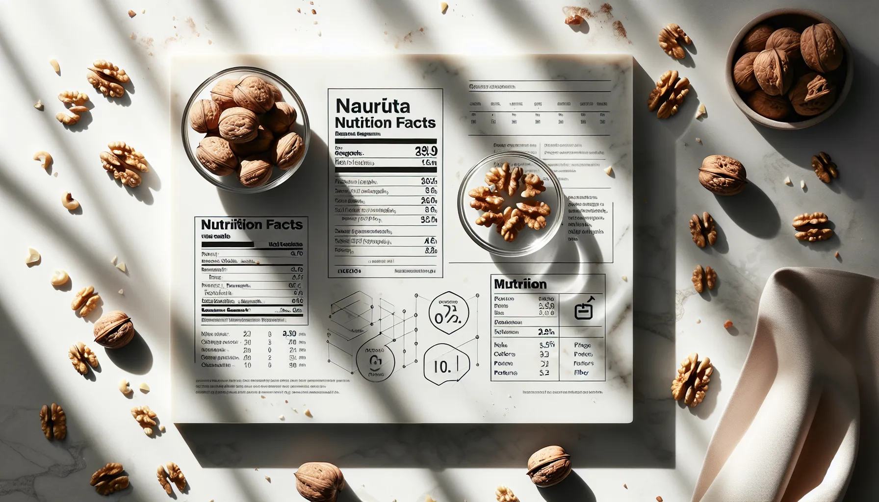 Walnuts with a digital nutrition facts card on a modern surface.