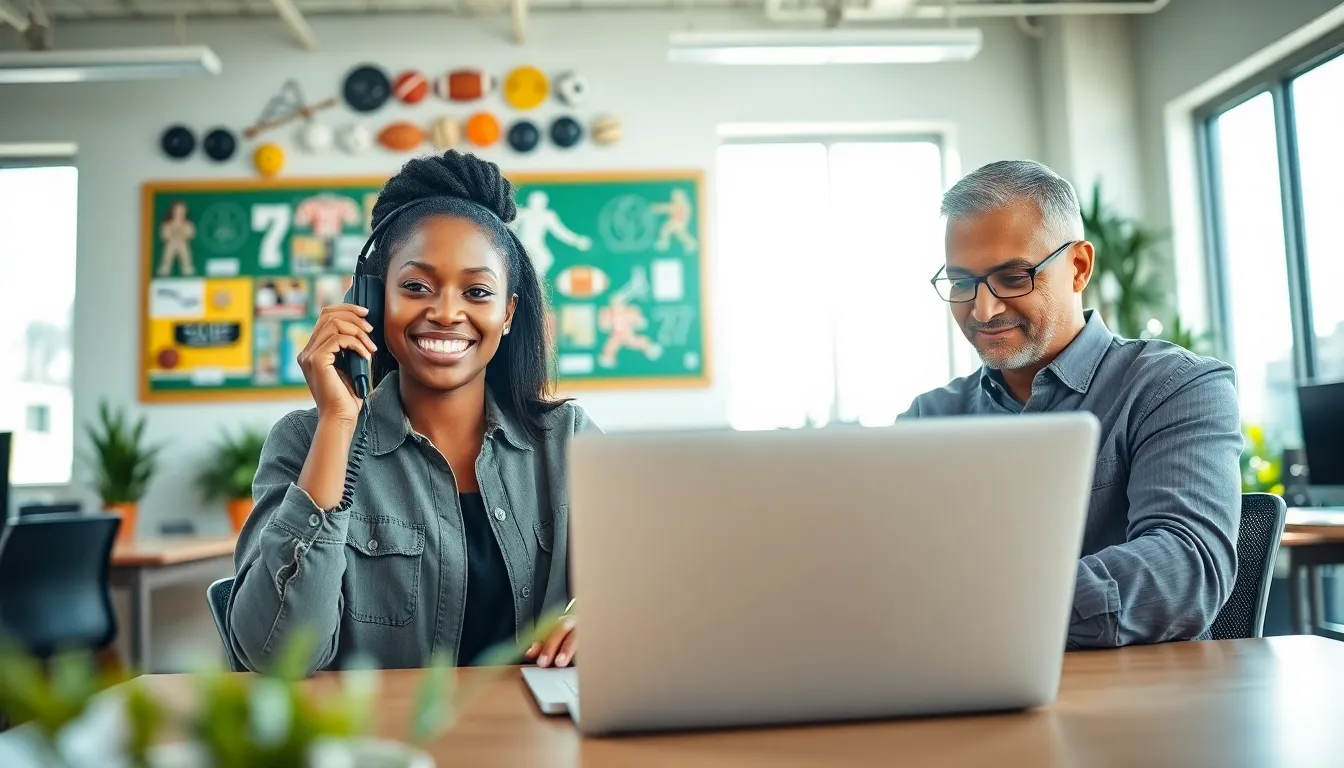 a diverse team in a bright office communicating through phone and email.