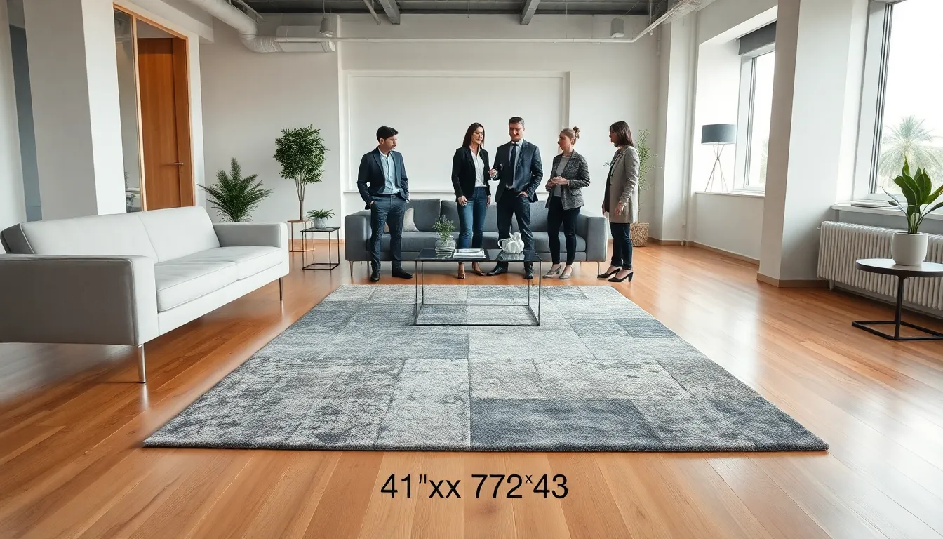a stylish rug demonstrating dimensions 41x72x43 in a modern office.