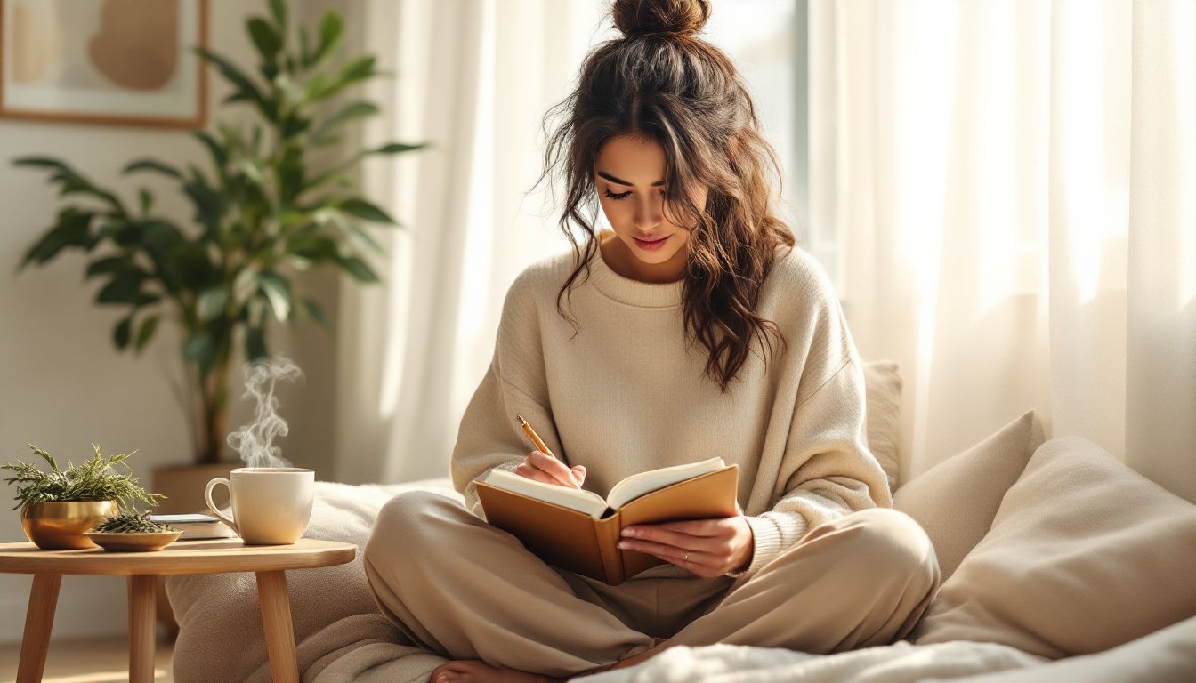 A young woman journaling by a sunlit window with herbal tea, reflecting quietly.