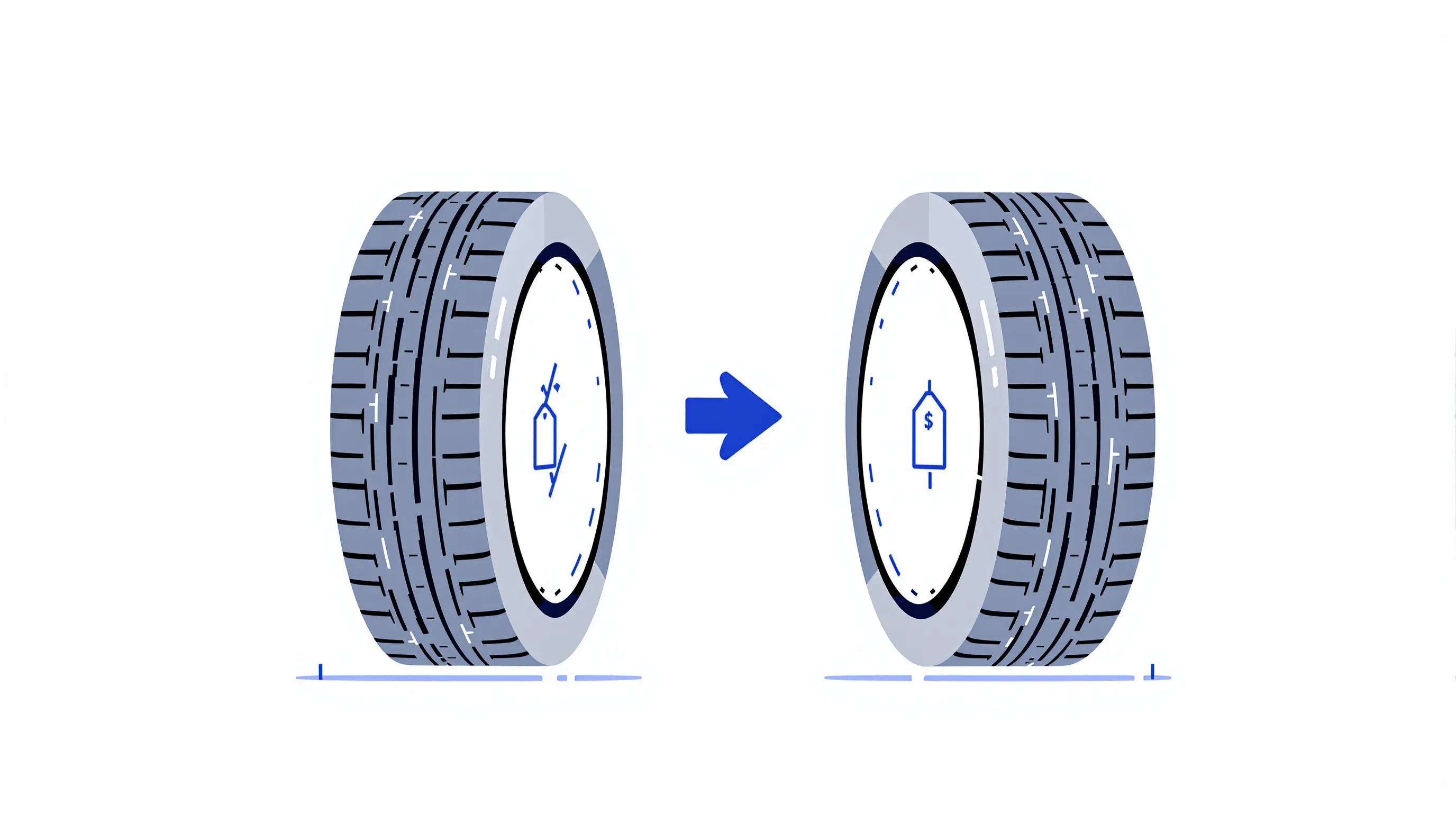 Two tire icons with price tags on a balance scale, comparing value and quality.