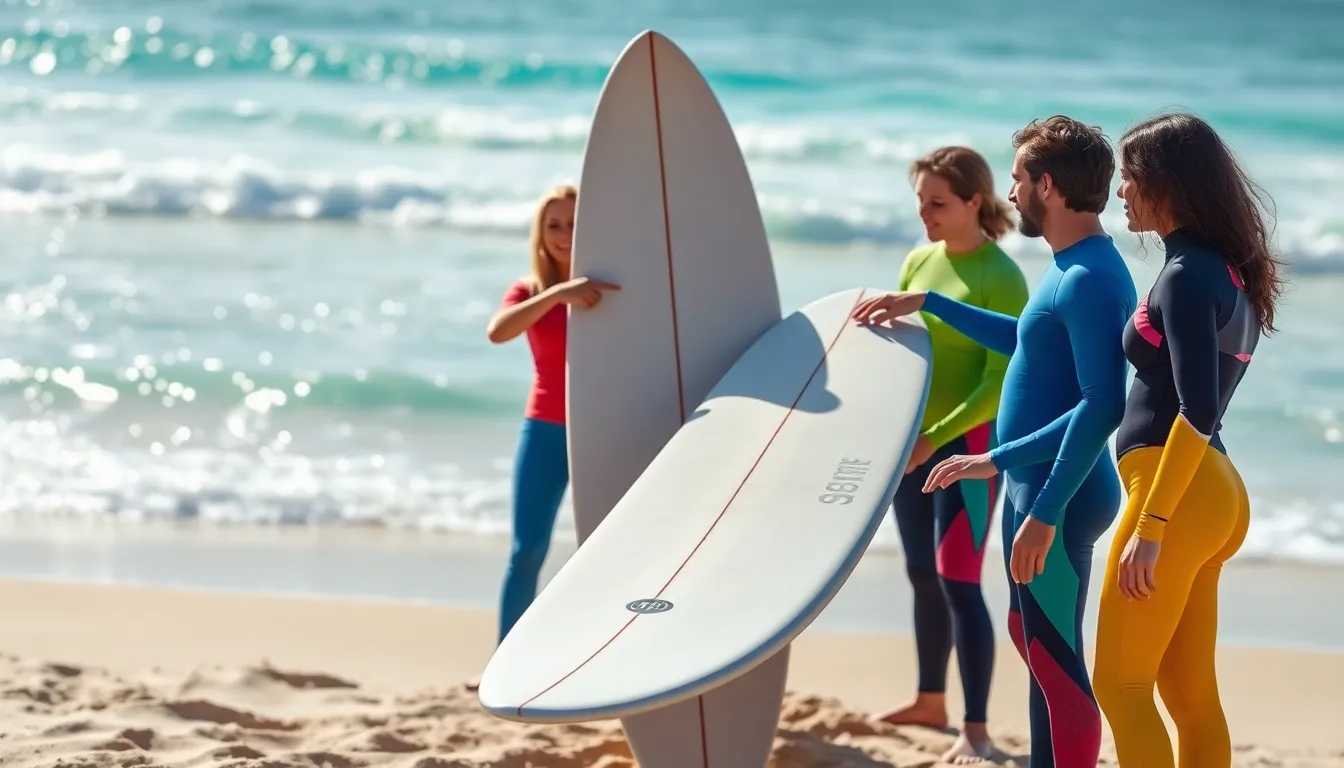 Surfers discussing surfboard features on a sunny beach.