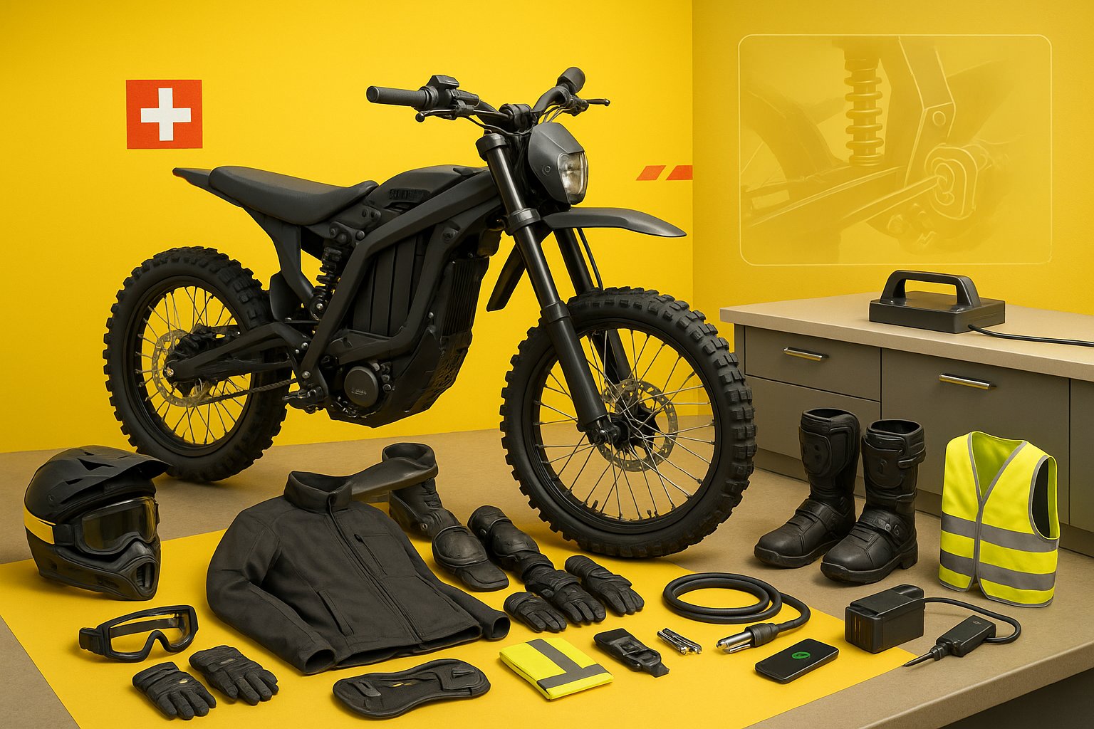 Surron electric motorcycle surrounded by essential protective gear and battery care accessories.