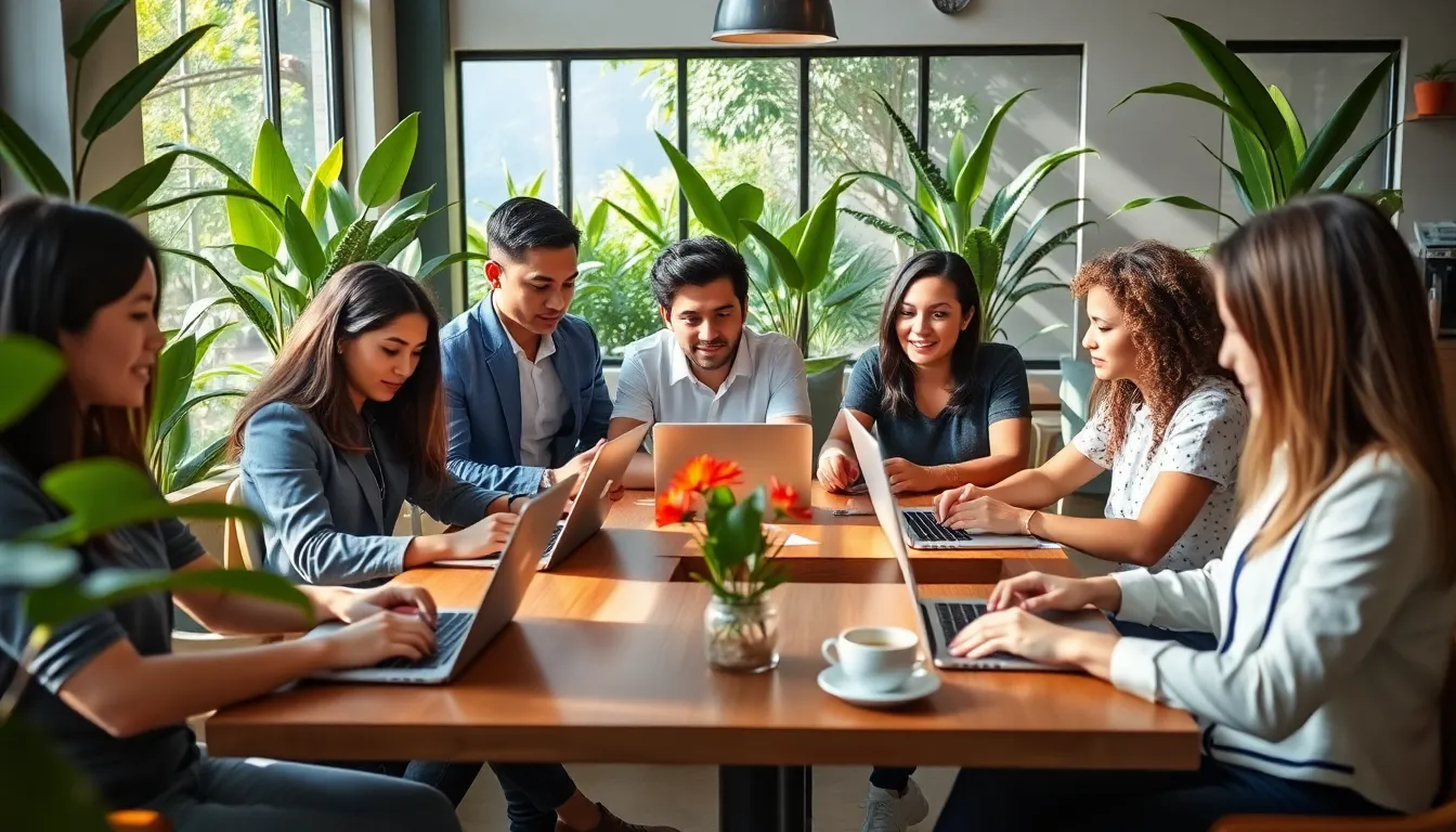 diverse group of remote workers in a Costa Rican coffee shop.