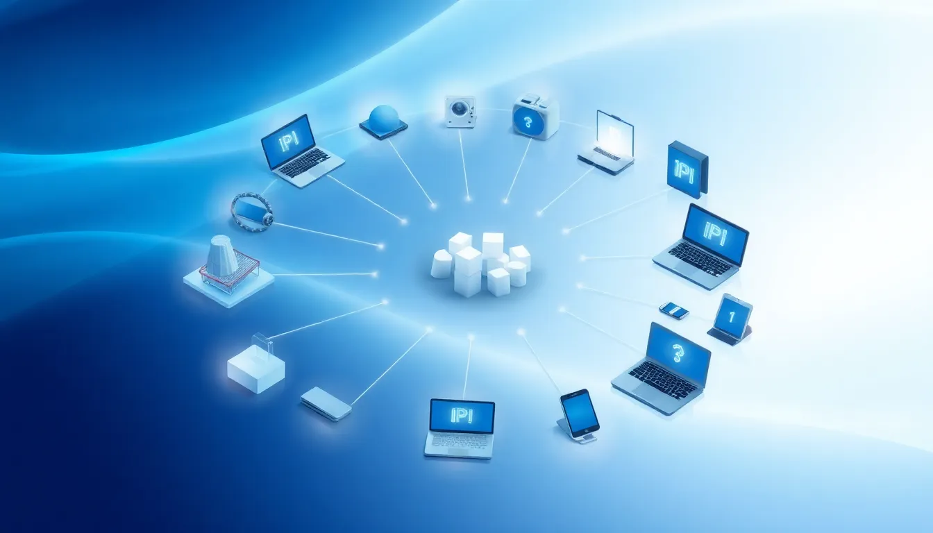 illustration of devices connected by IP addresses in a digital network.
