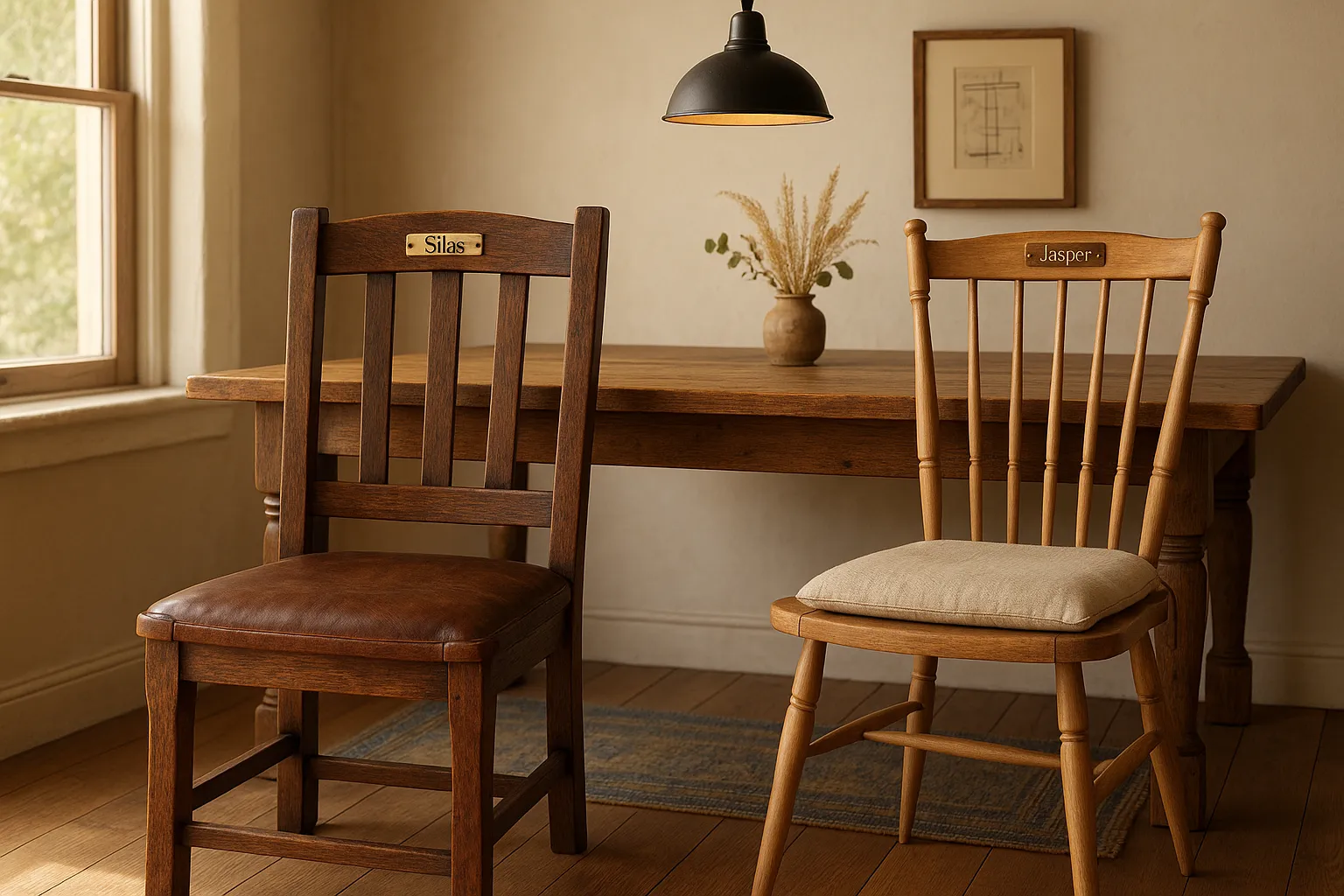 Two rustic classic chairs labeled Silas and Jasper beside a farmhouse table.