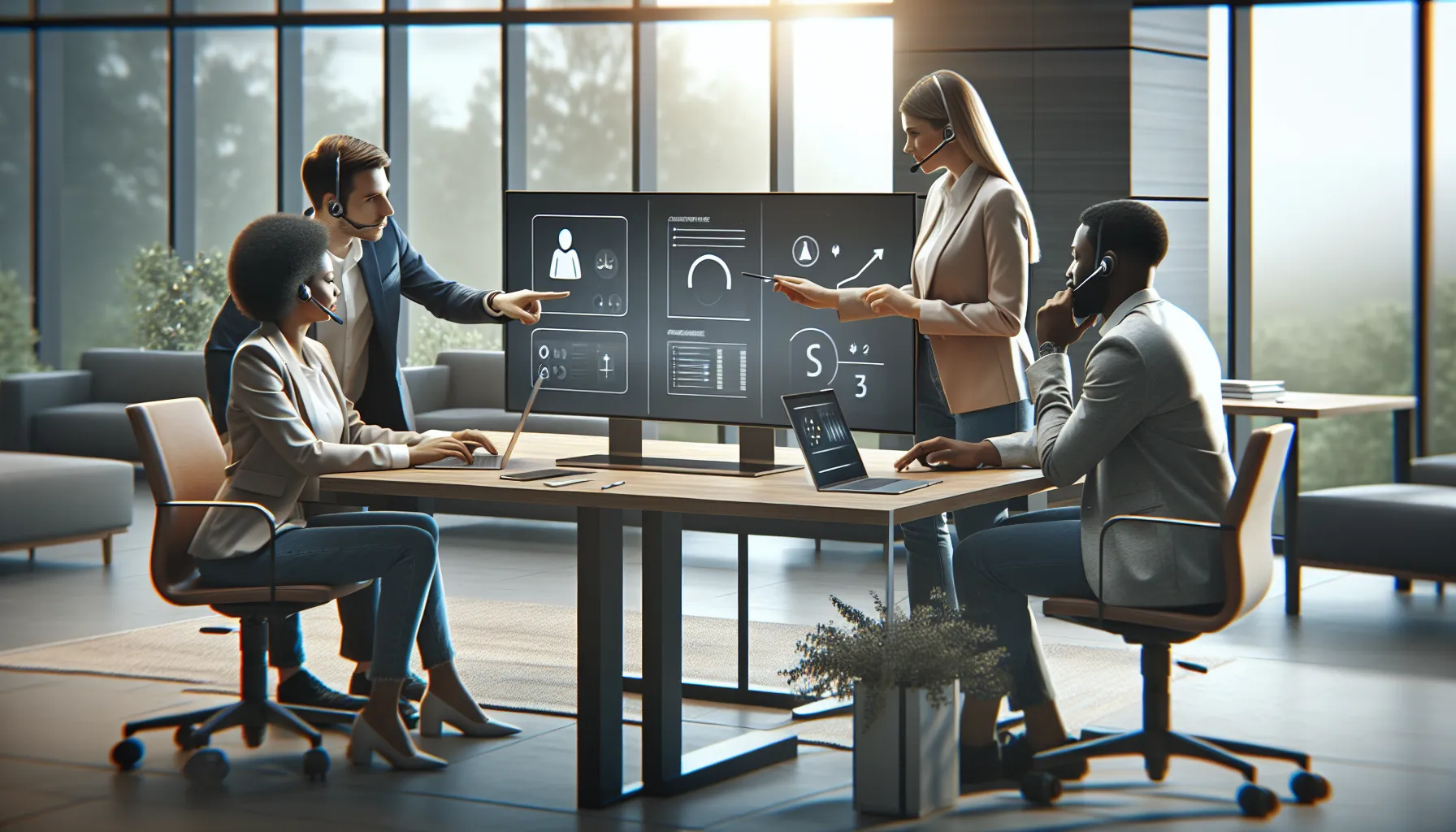 diverse customer support team collaborating in a modern office.