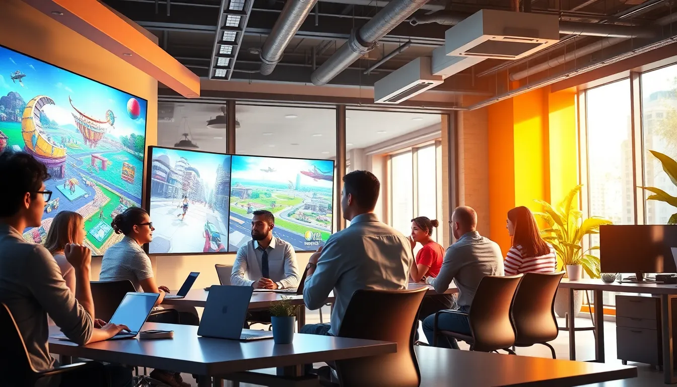 diverse team collaborating on innovative game design in a creative workspace.