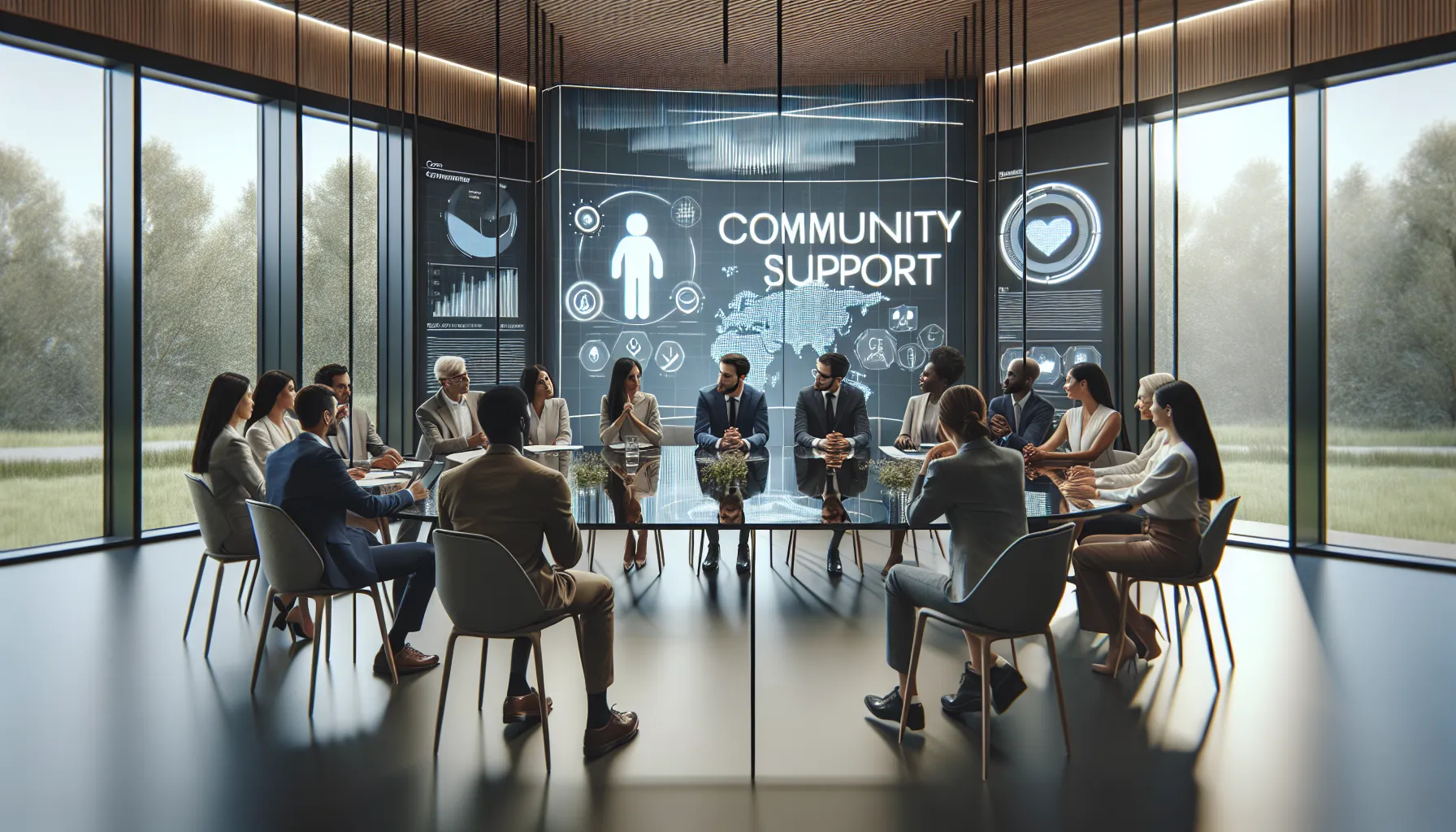 diverse professionals discussing community support in a modern conference room.