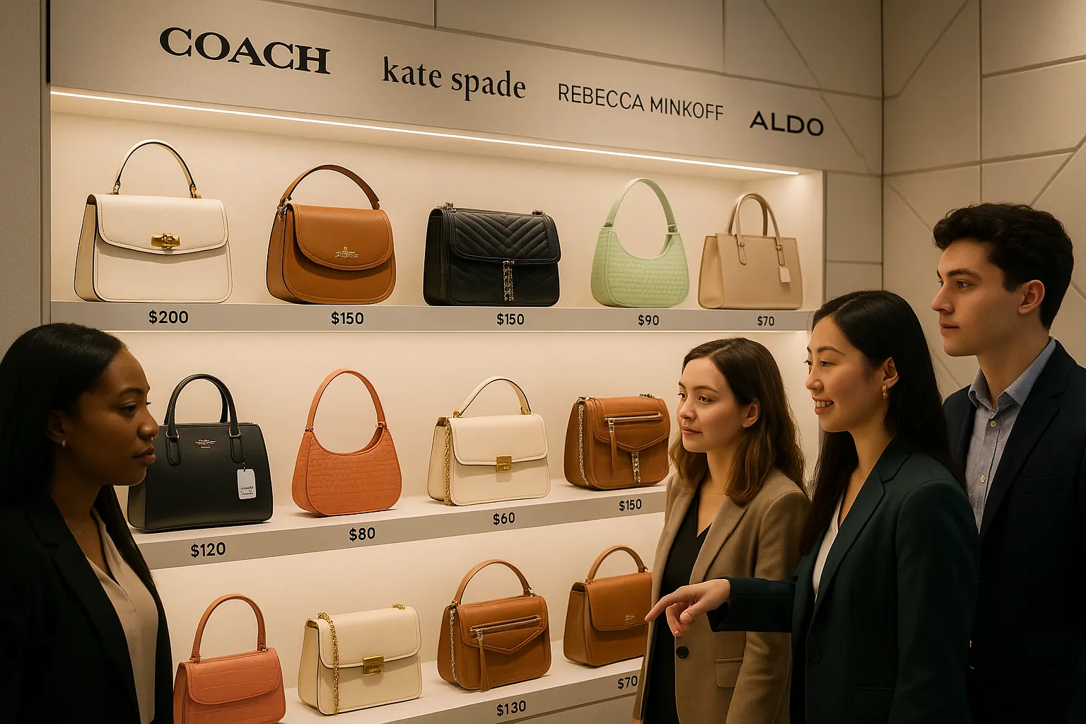 Diverse shoppers browsing affordable designer handbags in a modern boutique.