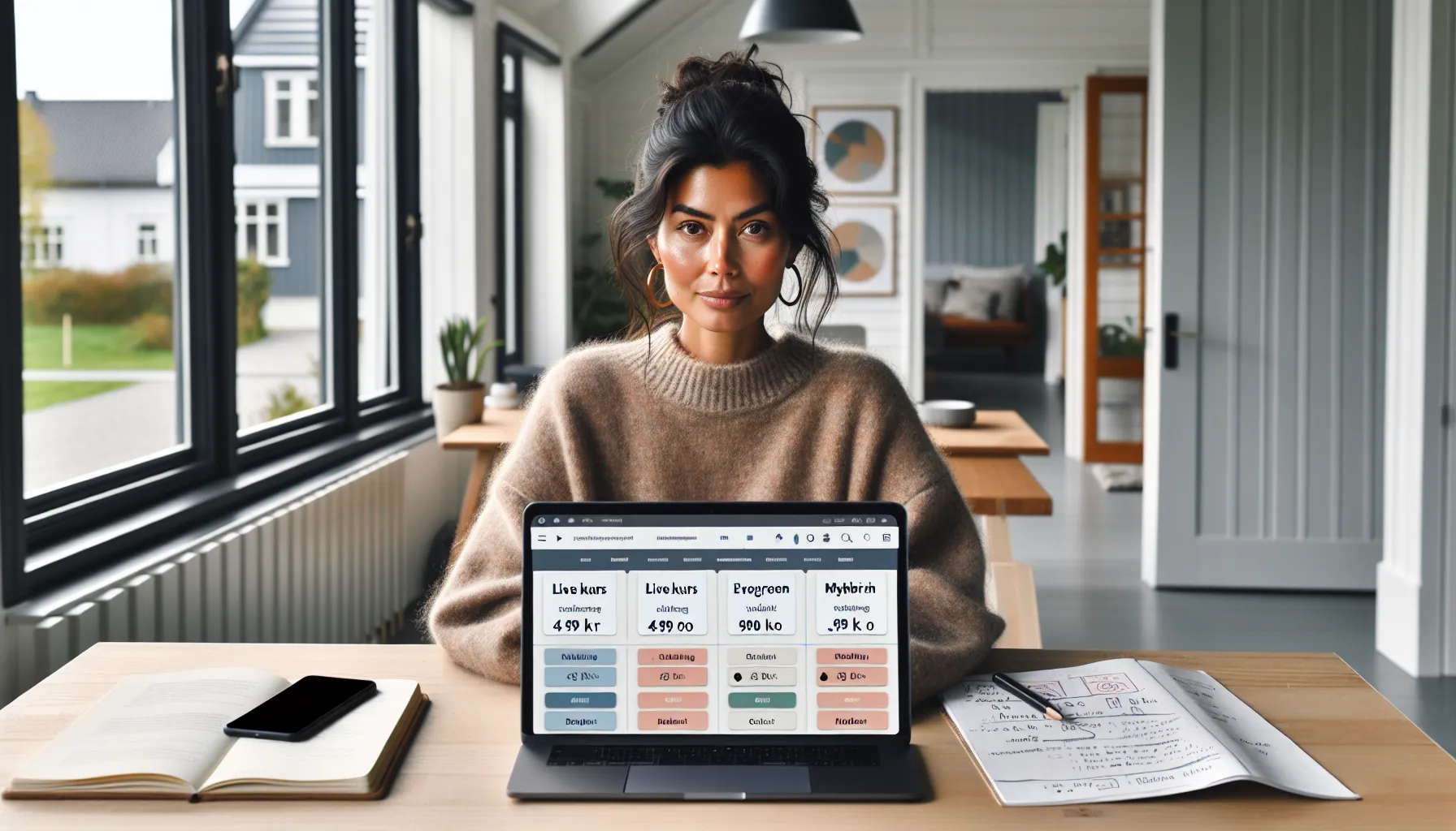 Norwegian course creator planning online course format, pricing and platform at home office desk.