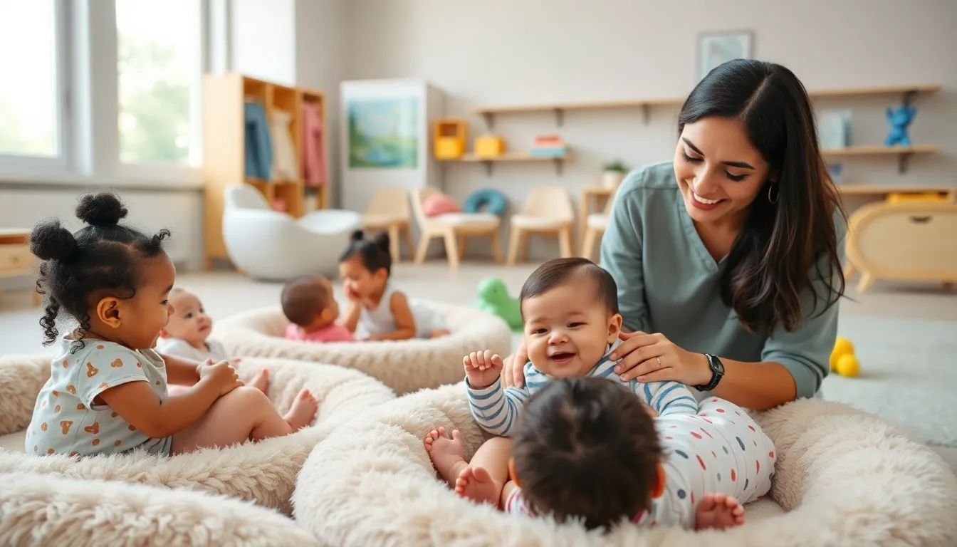 caregiver interacting with infants in a bright, modern daycare setting.