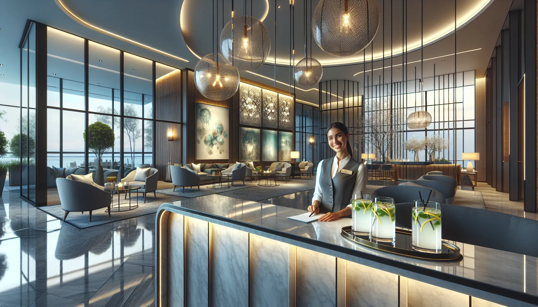 luxurious hotel lobby with diverse staff serving guests.