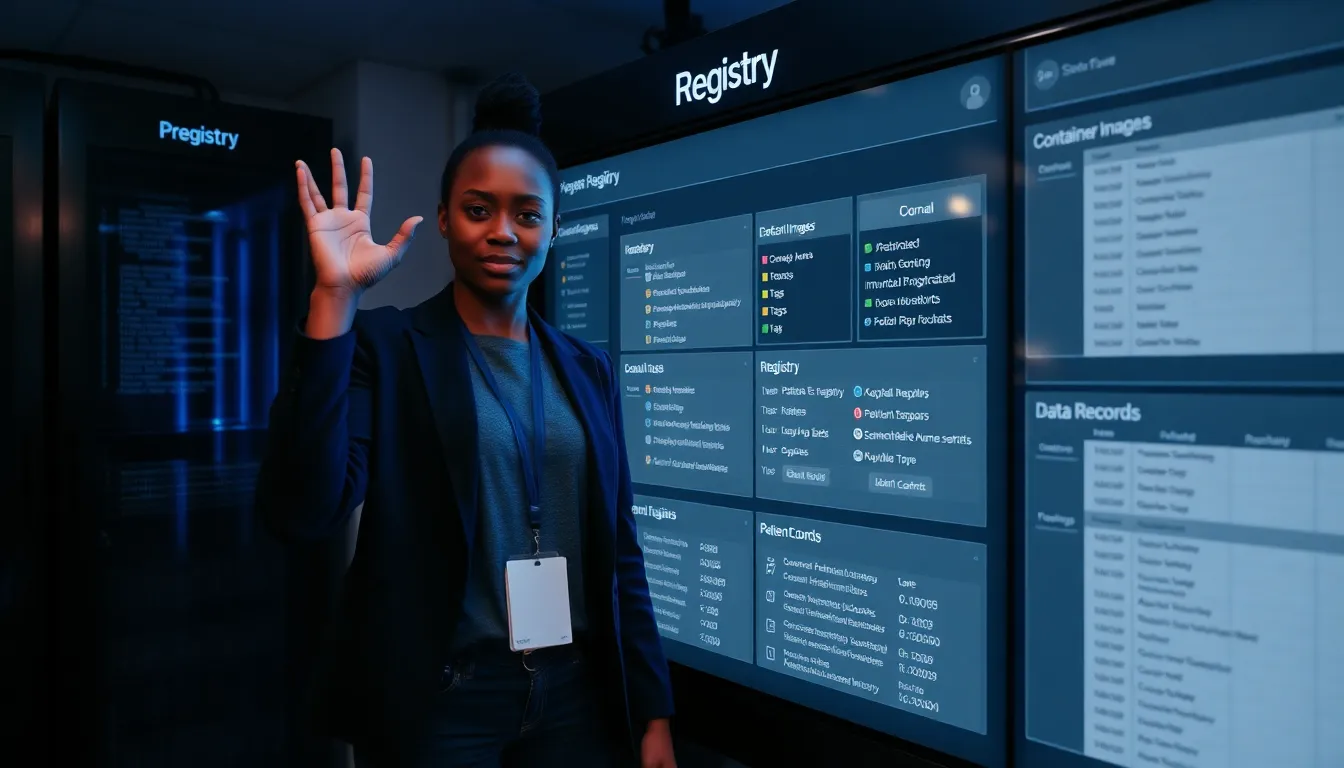 Engineer interacting with a wall-sized registry dashboard in a server room.