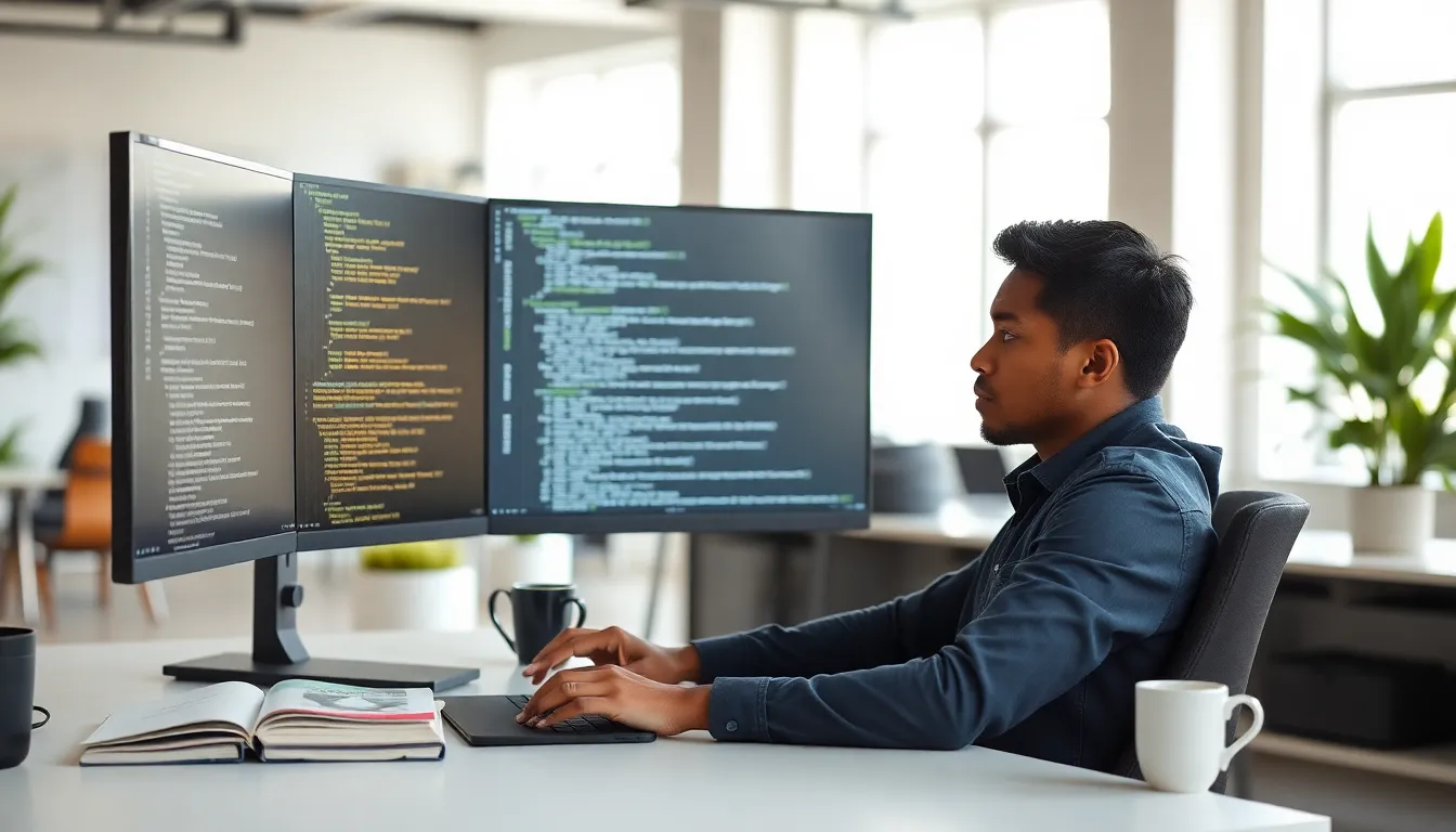 programmer troubleshooting Python error in a modern office.