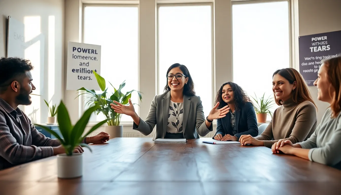 A diverse group collaborating in a bright office on emotional intelligence.