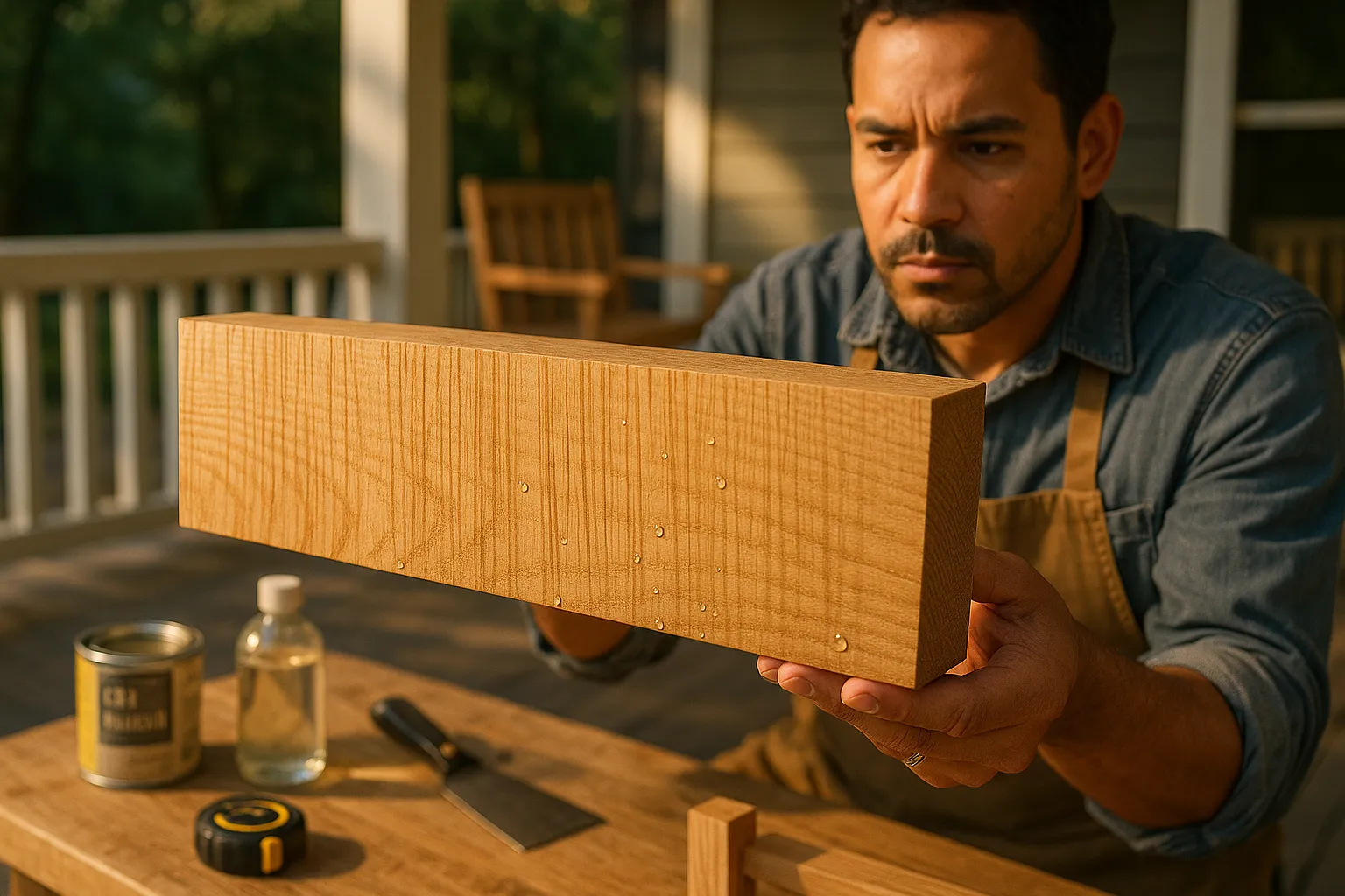 Hand-held quartersawn white oak plank showing ray-fleck and beaded moisture.