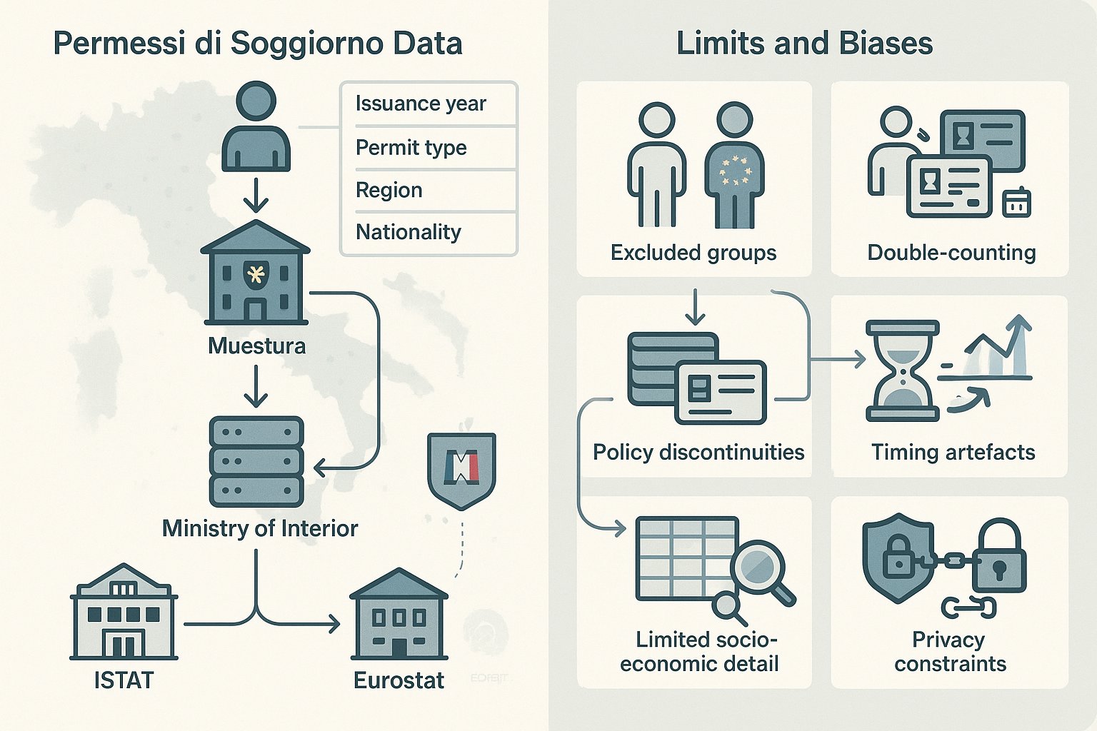 Diagramma di flusso e pannello dei bias che mostrano come vengono raccolti e limitati i dati sui permessi di soggiorno dell'Italia.