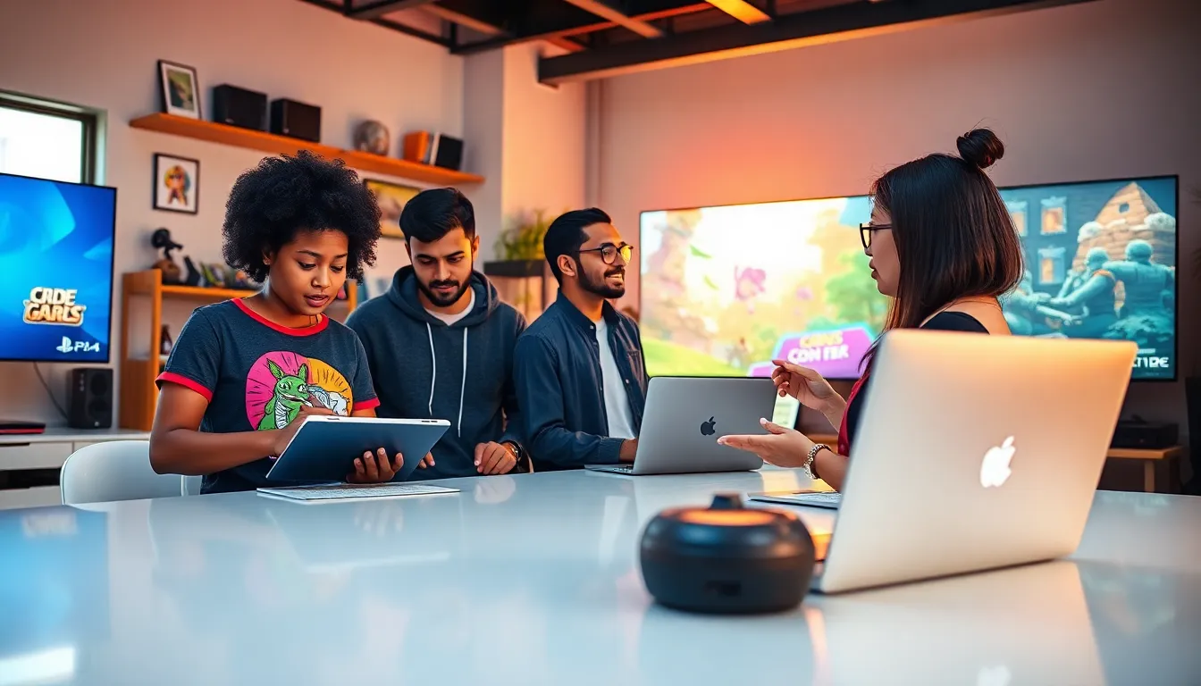 game developers collaborating on a new PlayStation game in a vibrant studio.