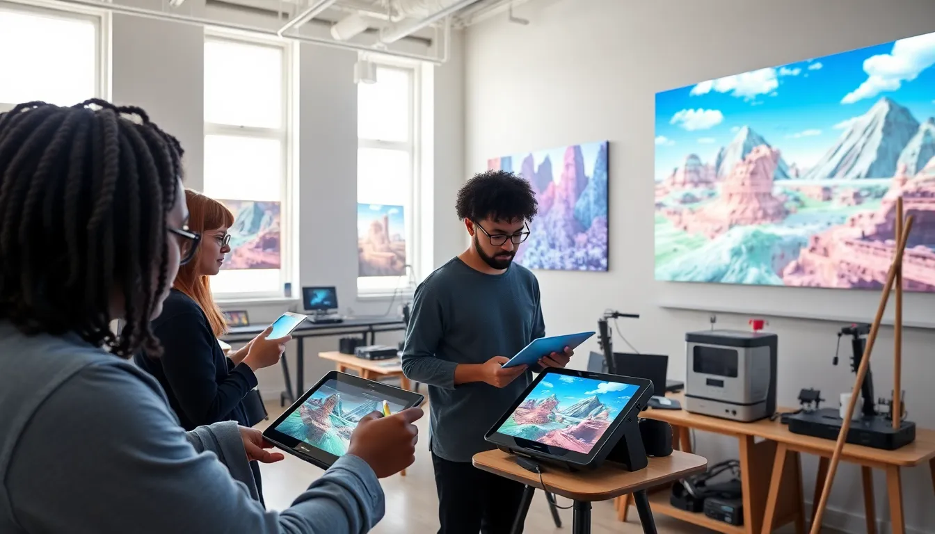 diverse artists creating interactive digital art in a modern studio.