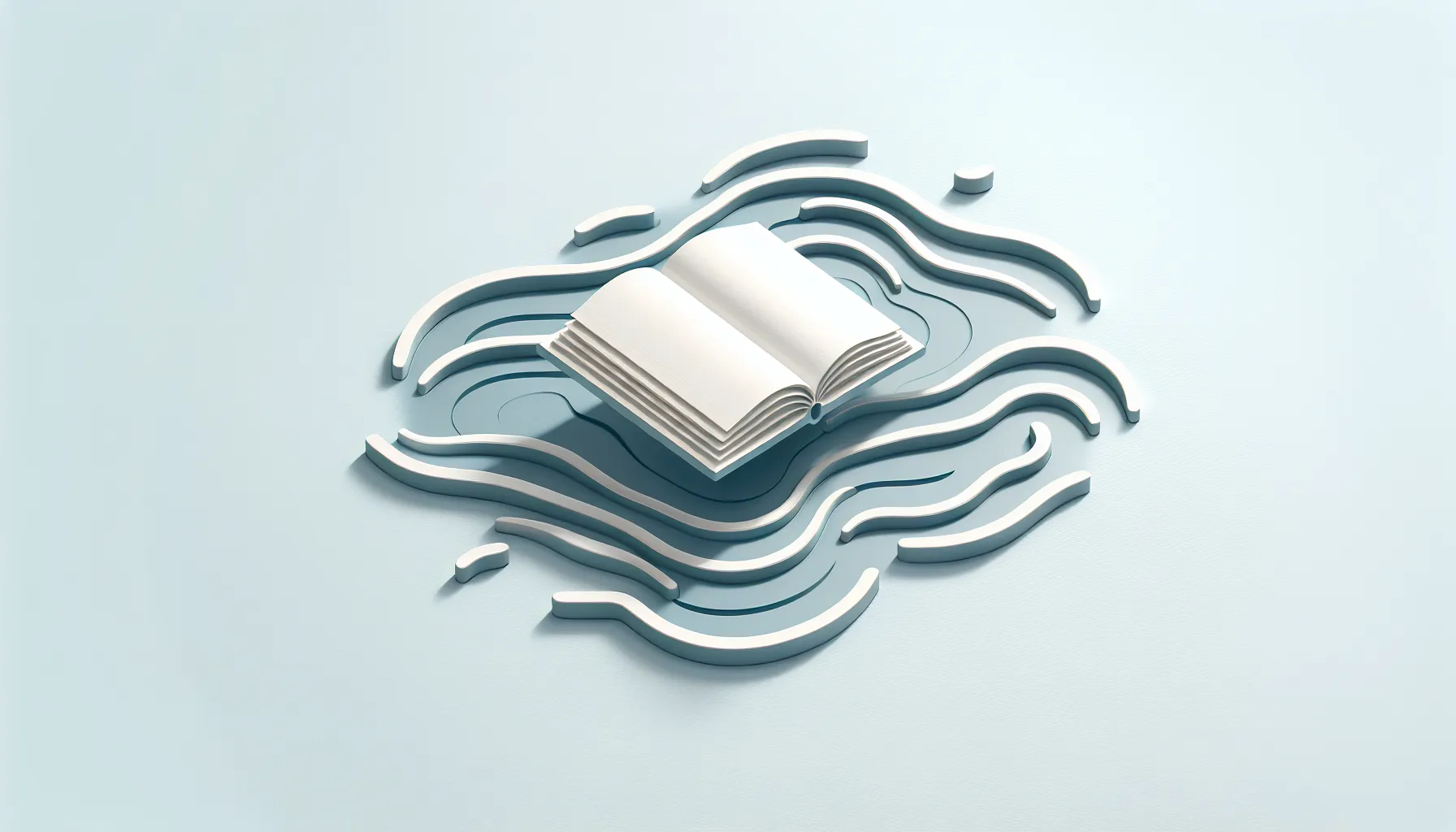Open book floating above calm blue water in minimal style